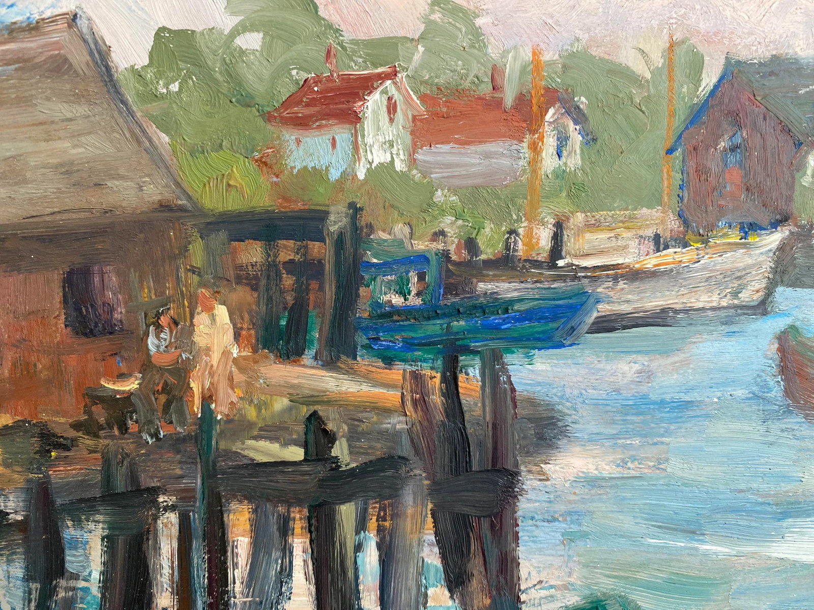 Large Vintage Wpa Style Dock Scene Painting, Signed, Framed - 9