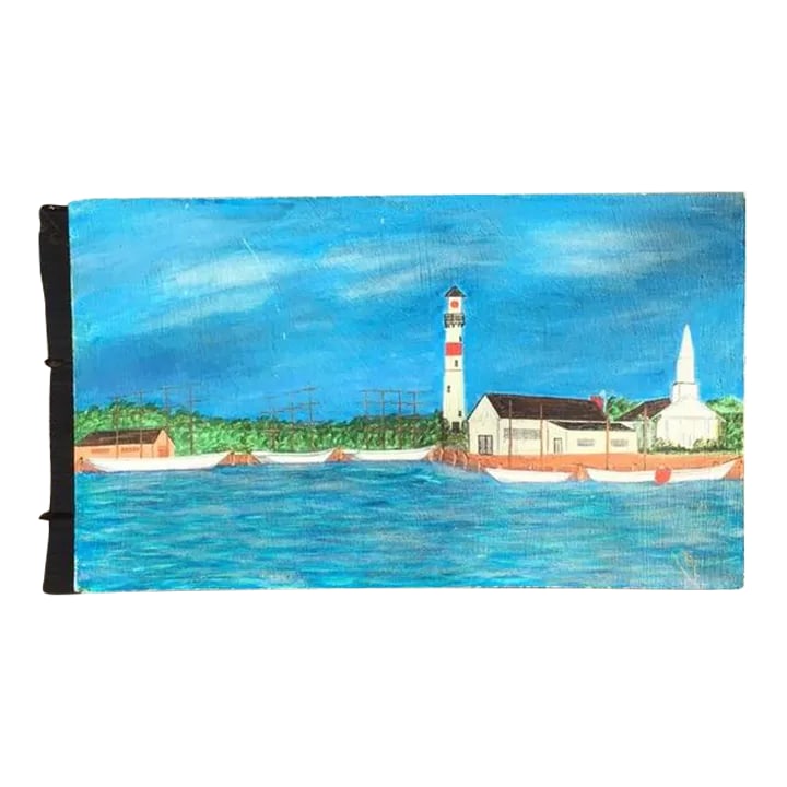 Vintage Folk Art Seascape Painting: Size 24"L x 14"H Vintage Folk Art style seascape painting in oil on board. Purchased about 12-15 years ago. In very good condition, scratch in upper right quarter (see last photo). Slight curve to