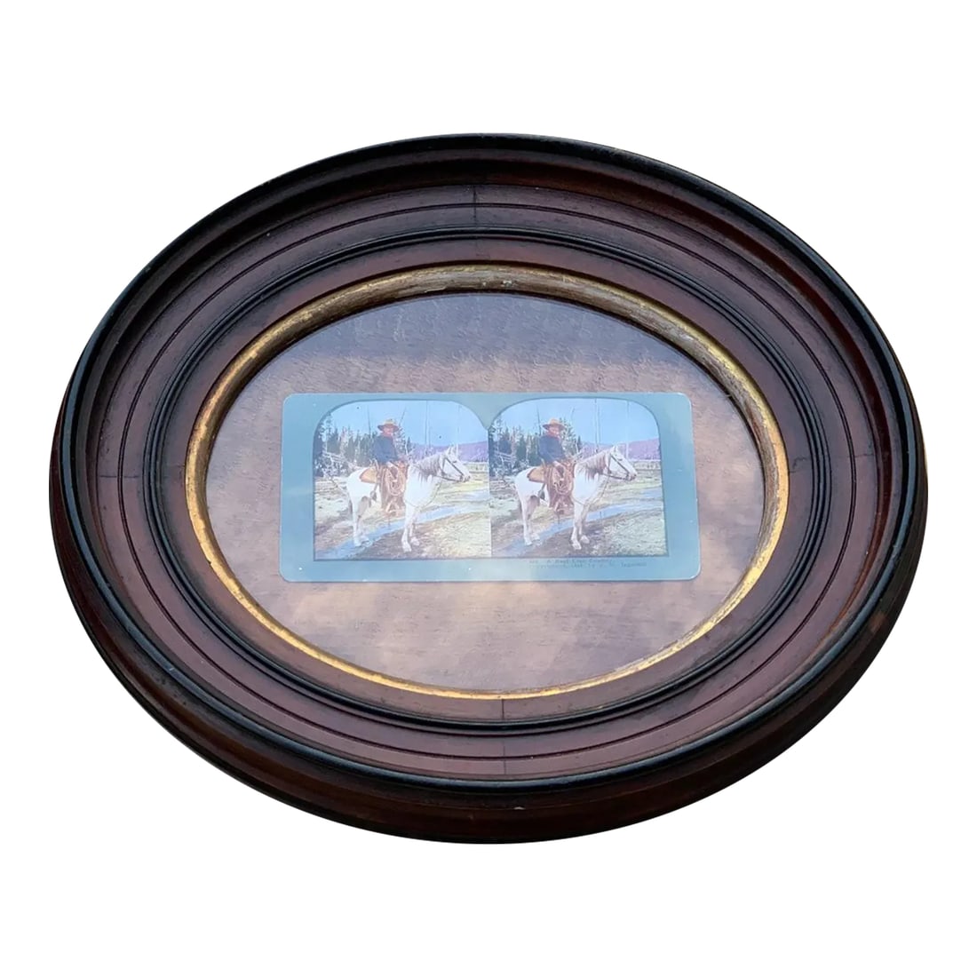 1800s Cowboy on the Prairie Stereoscope Photograph in Antique Oval Frame: Beautiful, rare stereotype of a western scene. 1880's. NOT A REPRODUCTION! Nicely framed in a period Victorian gilt frame. Pls excuse glare from glass. Outside dimensions about 15" x 13" Seller