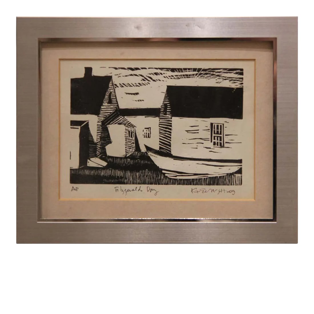 Mid 20th Century Boat With Houses Landscape Woodblock Print by Fitzgerald, Framed: Small black and white woodblock print depicting boat with houses. Possibly from the Woodstock School of Art. Inscribed and signed by artist. Matted and framed in a silver steel frame. Dimensions Witho