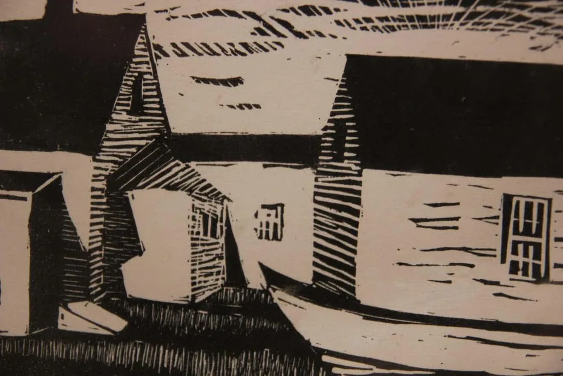 Mid 20th Century Boat With Houses Landscape Woodblock Print by Fitzgerald, Framed - 4