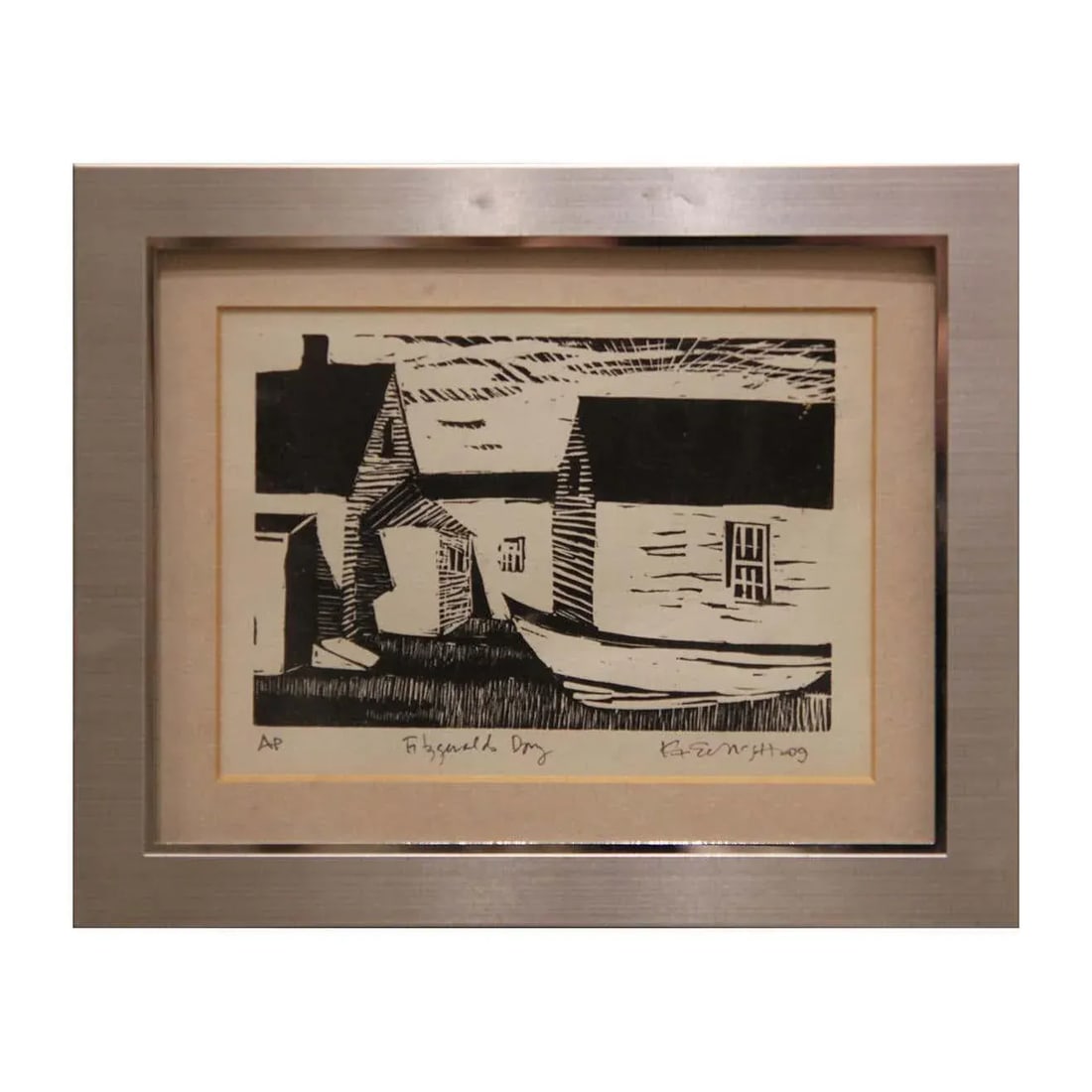 Mid 20th Century Boat With Houses Landscape Woodblock Print by Fitzgerald, Framed - 6