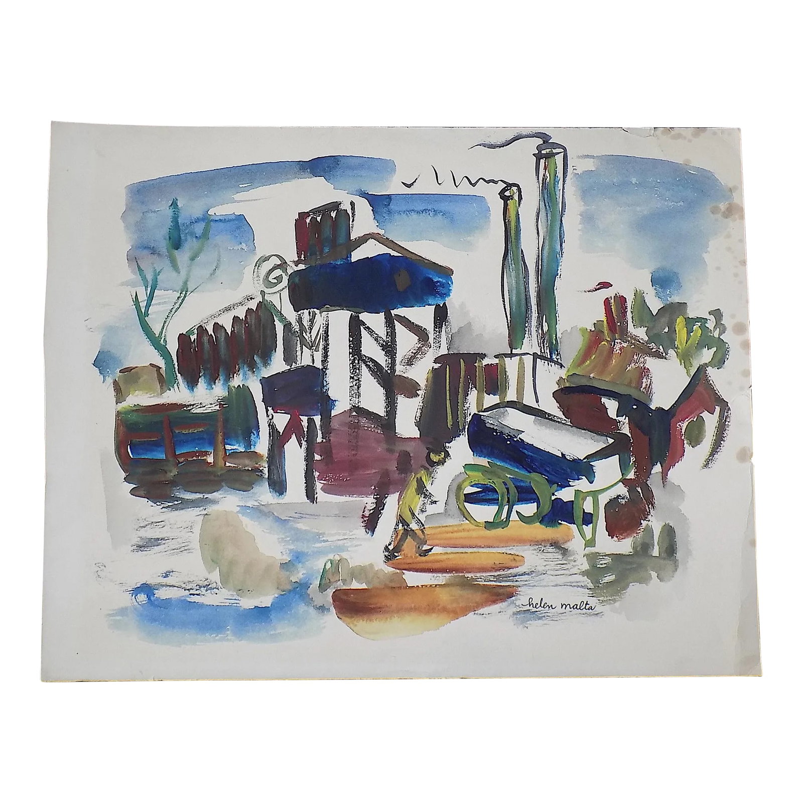 Vintage Original Mid 20th Century Listed Wpa Artist Signed Abstract Expressionist Industrial Citysca: Helen Malta (American, 1912 - 1975) Untitled abstract industrial cityscape, circa 1935 Watercolor on paper Signed to the lower right Unframed Dimensions: 8.75" x 11" From a fine Cincinnati estate. Thi