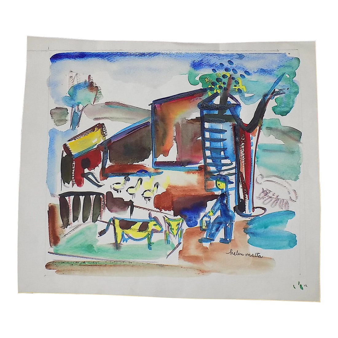 Vintage Original Mid 20th Century Listed Wpa Artist Signed Expressionist Farm Landscape Watercolor (1 of 7)