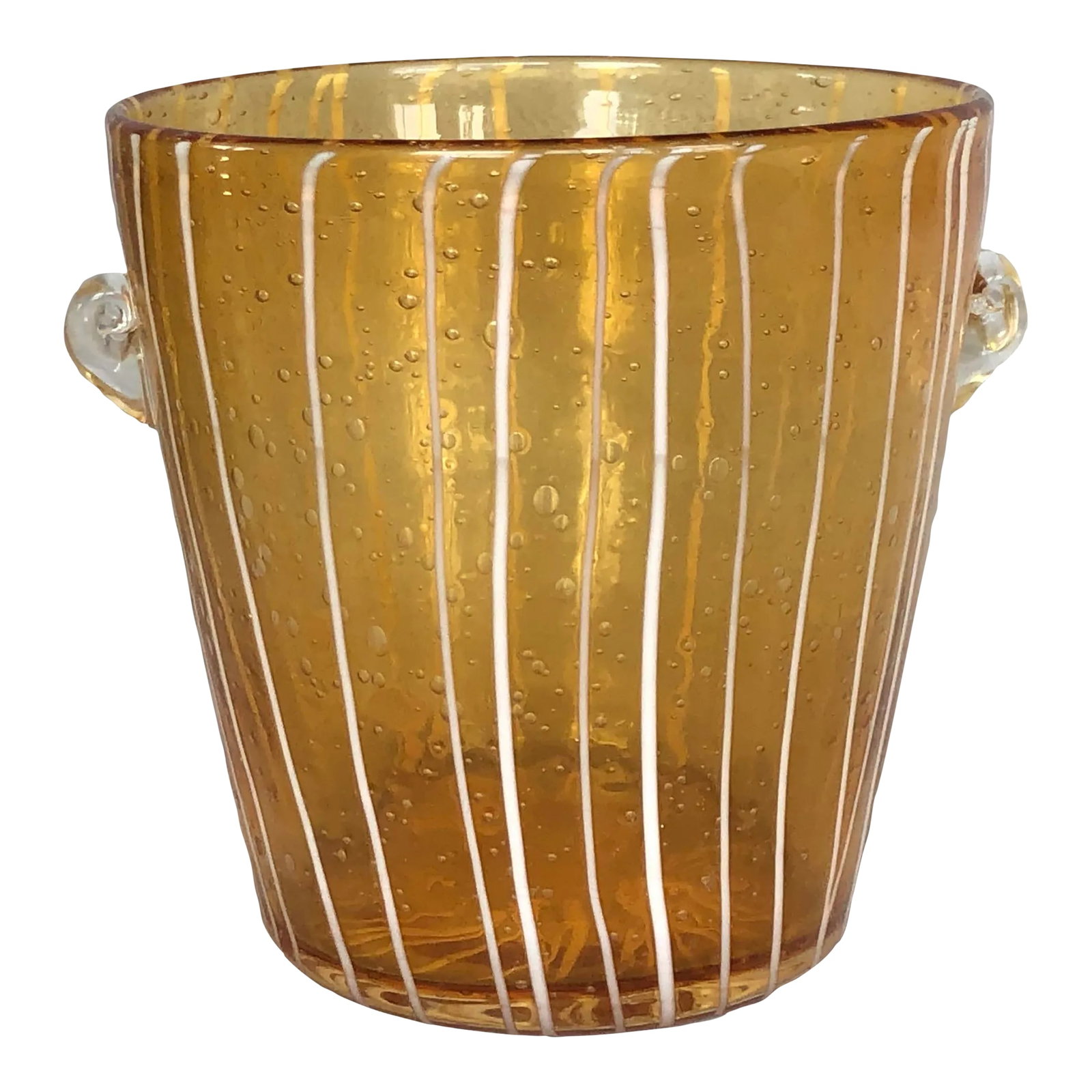 1960s Italian Murano Art Glass Ice Bucket: The perfect size for a split of champagne, this small vintage Italian art glass ice bucket will also make an impressive decor accent on your home bar cart. The vintage hand-blown glass ice bucket is a