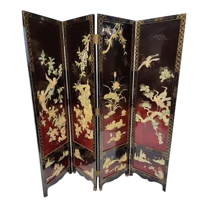 Vintage Chinese Mother of Pearl Coromandel Lacquered Screen Room Divider: Vintage Chinese Export Four Panel Red & Black Mother of Pearl Coromandel Lacquered Hand Painted Screen Room Divider Gorgeous Black & Red Lacquer Finish with Hand Painted Artwork and Hand Carved Mother