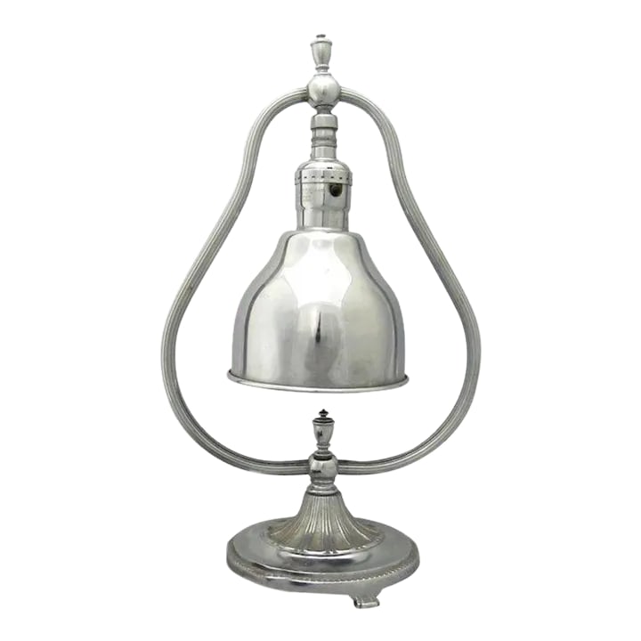 Harp Chrome Table Lamp: with adjustable light in fantastic condition. 13" T by 7 1/2"W by 4 3/4"B Condition: Alterations: Unknown Imperfections: Some Imperfections Condition Notes: fantastic condition Materials & Techniq