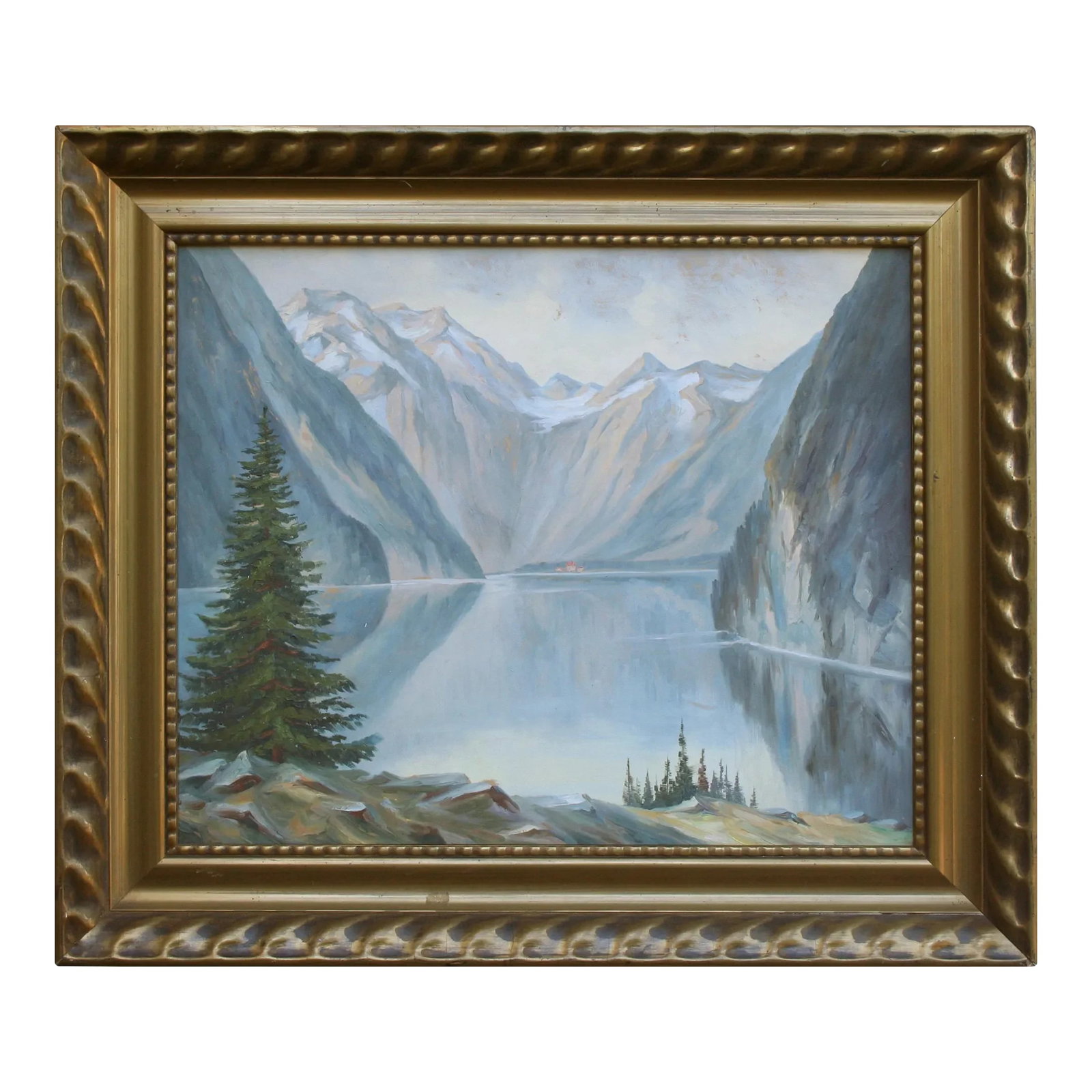 1940s Reflecting Mountains Norwegian Landscape Oil Painting, Framed: Serene mid-century landscape of mountains reflecting over a fjord in Norway by an unknown artist, Circa 1940's. Unsigned. Displayed in a rustic giltwood frame. Image, 20"H x 24"W. The Norwegian and An
