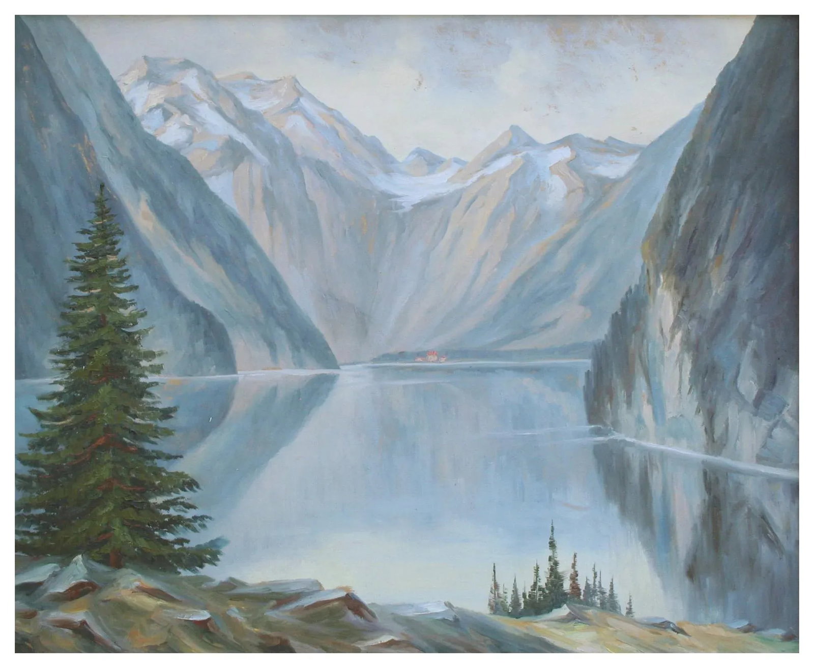 1940s Reflecting Mountains Norwegian Landscape Oil Painting, Framed - 2