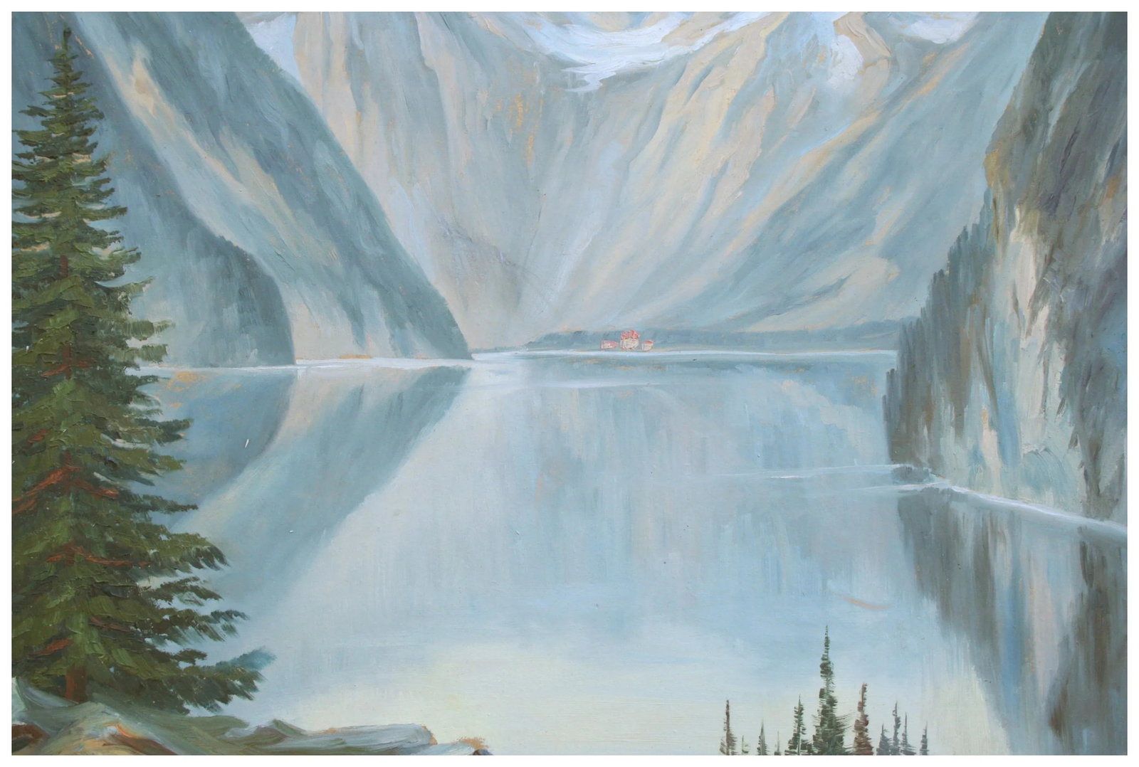 1940s Reflecting Mountains Norwegian Landscape Oil Painting, Framed - 3