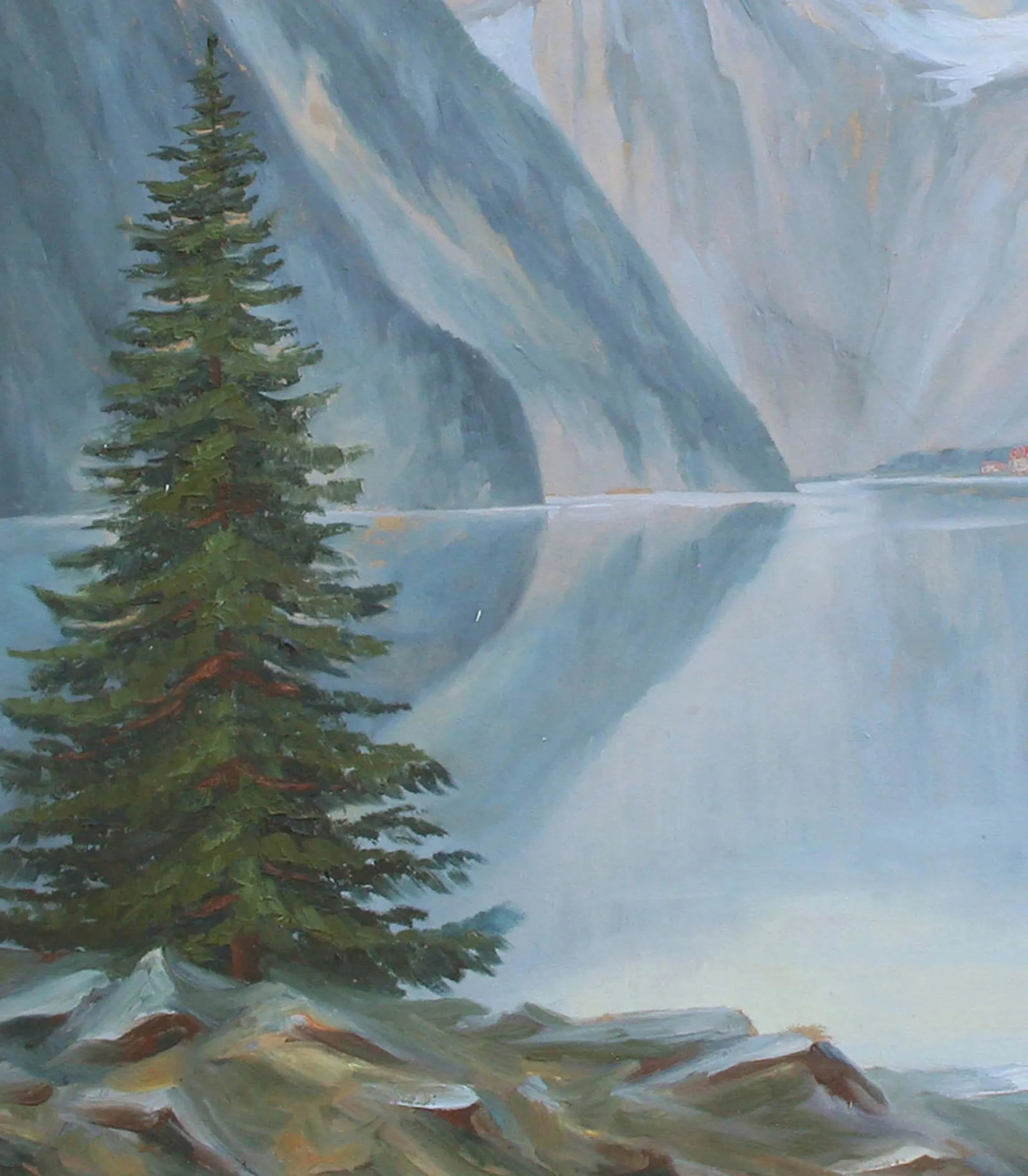 1940s Reflecting Mountains Norwegian Landscape Oil Painting, Framed - 4
