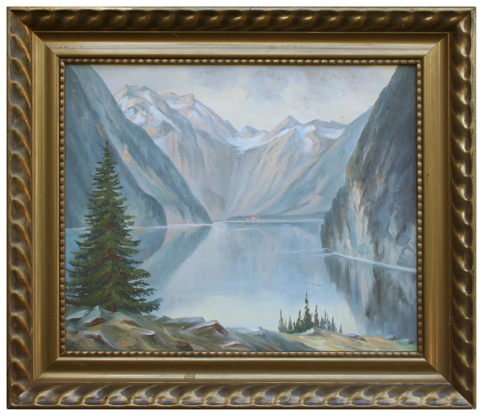 1940s Reflecting Mountains Norwegian Landscape Oil Painting, Framed - 6