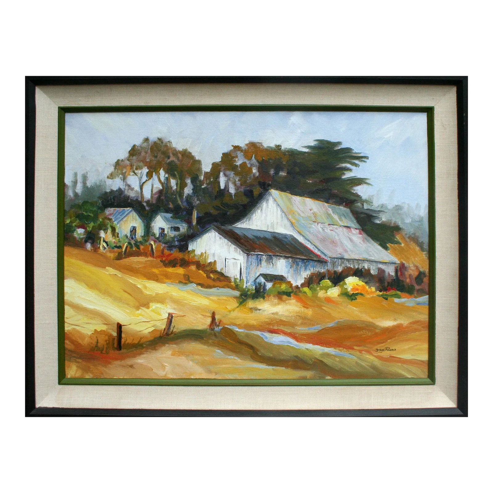 Hillside Barn, Vintage 1970s California Farm Landscape by Faye Russo: Charming vintage 1970's California landscape of a an old white barn in a golden hued field in the Santa Cruz Mountains by Salinas artist Faye Russo (American, 20th century). The artist uses painterly 