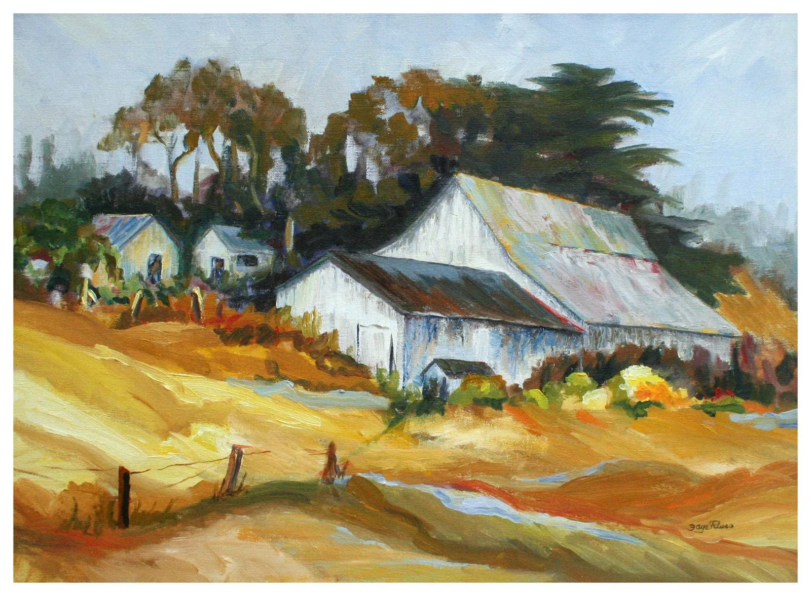 Hillside Barn, Vintage 1970s California Farm Landscape by Faye Russo - 2