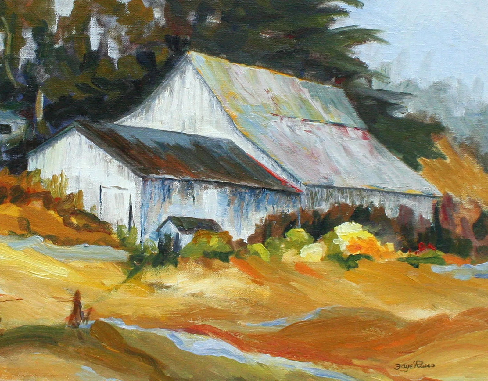 Hillside Barn, Vintage 1970s California Farm Landscape by Faye Russo - 3