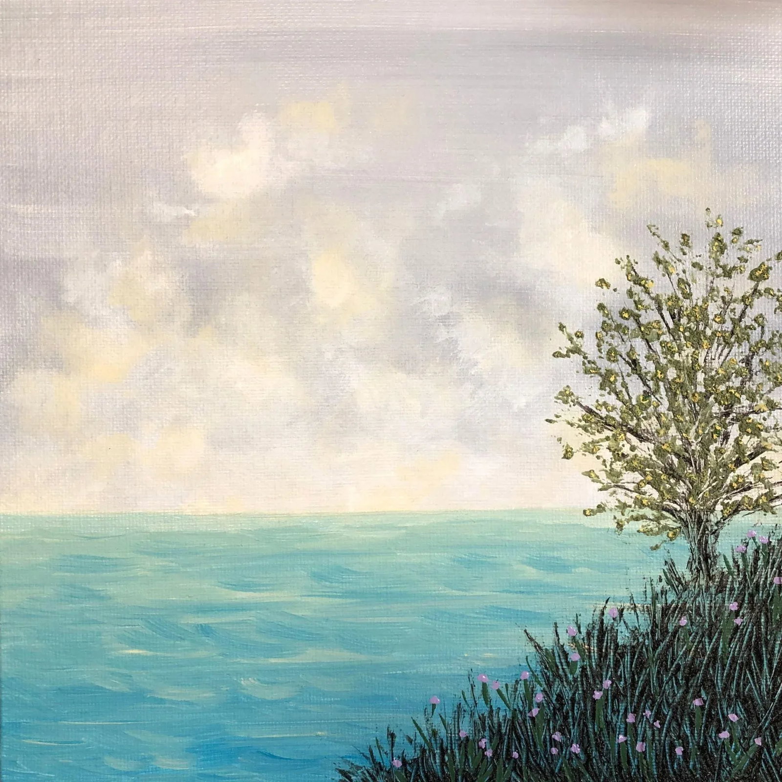 "Peace and Quiet 2" Contemporary Original Acrylic Painting by Deb Bossert: This wonderful hand painted artwork is titled "Peace and Quiet 2". It's an acrylic painting that is 8" x 8" in size and depicts a peaceful landscape scene with a cloudy sky in the background, and a tu
