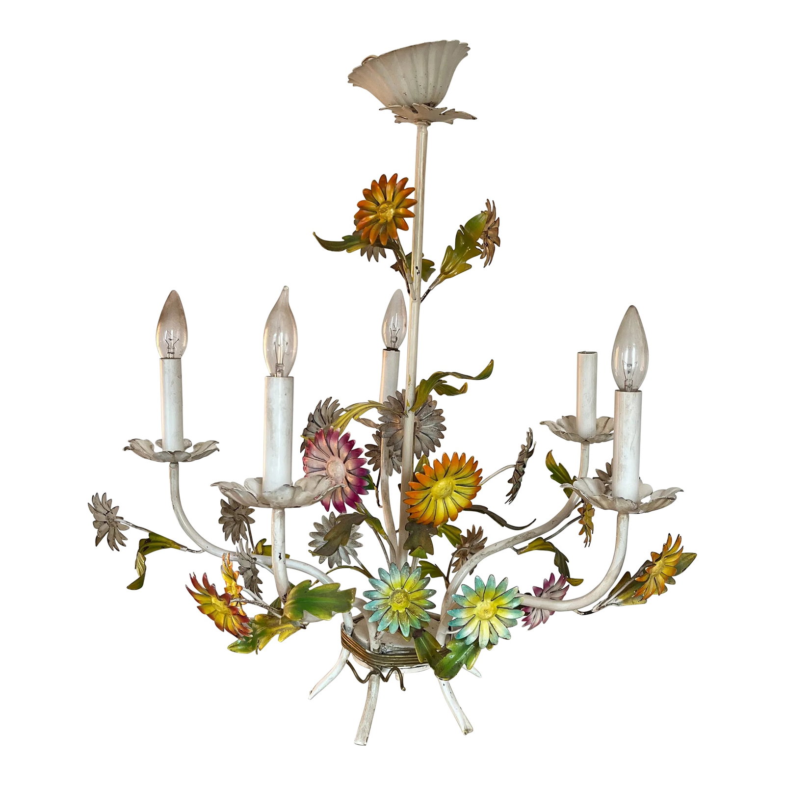 1960's Italian Tole Floral Chandelier 5 Lights Daisies Yellow Orange Green: Italian Tole metal chandelier from the 50's. Cute daisies in different colors. Measures 24" wide and 24" tall. Condition: Alterations: Original Condition Unaltered Imperfections: Needs Restoration Con