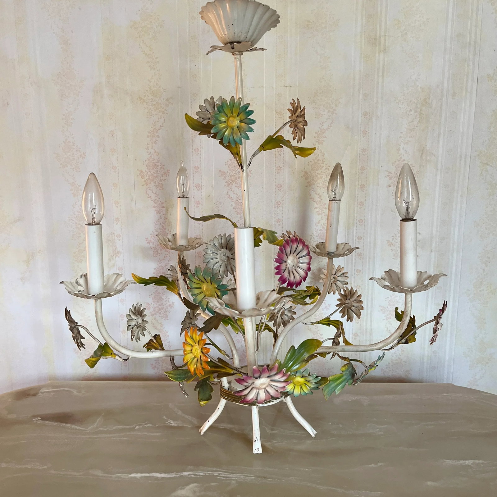 1960's Italian Tole Floral Chandelier 5 Lights Daisies Yellow Orange Green - 2