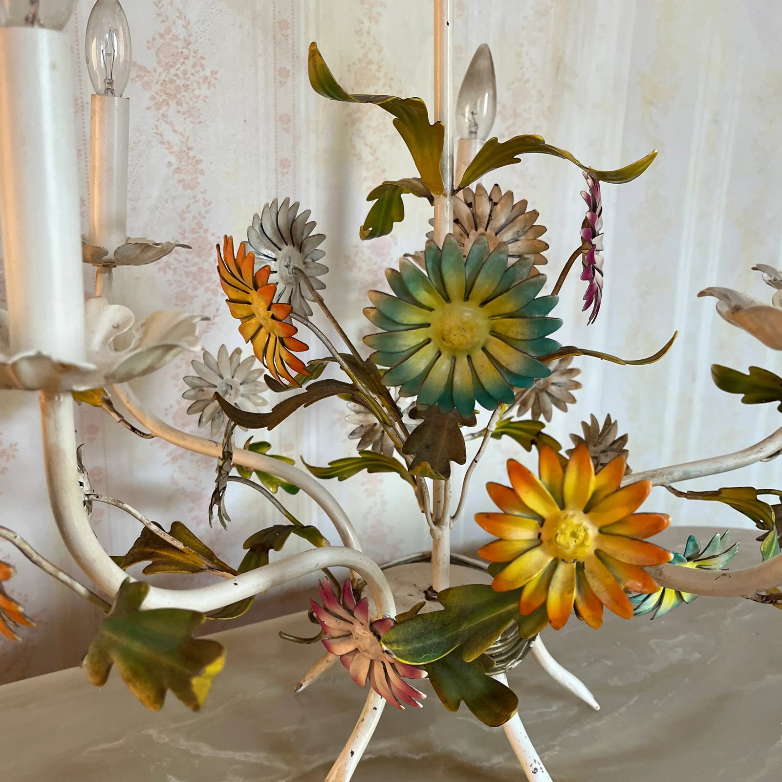 1960's Italian Tole Floral Chandelier 5 Lights Daisies Yellow Orange Green - 5