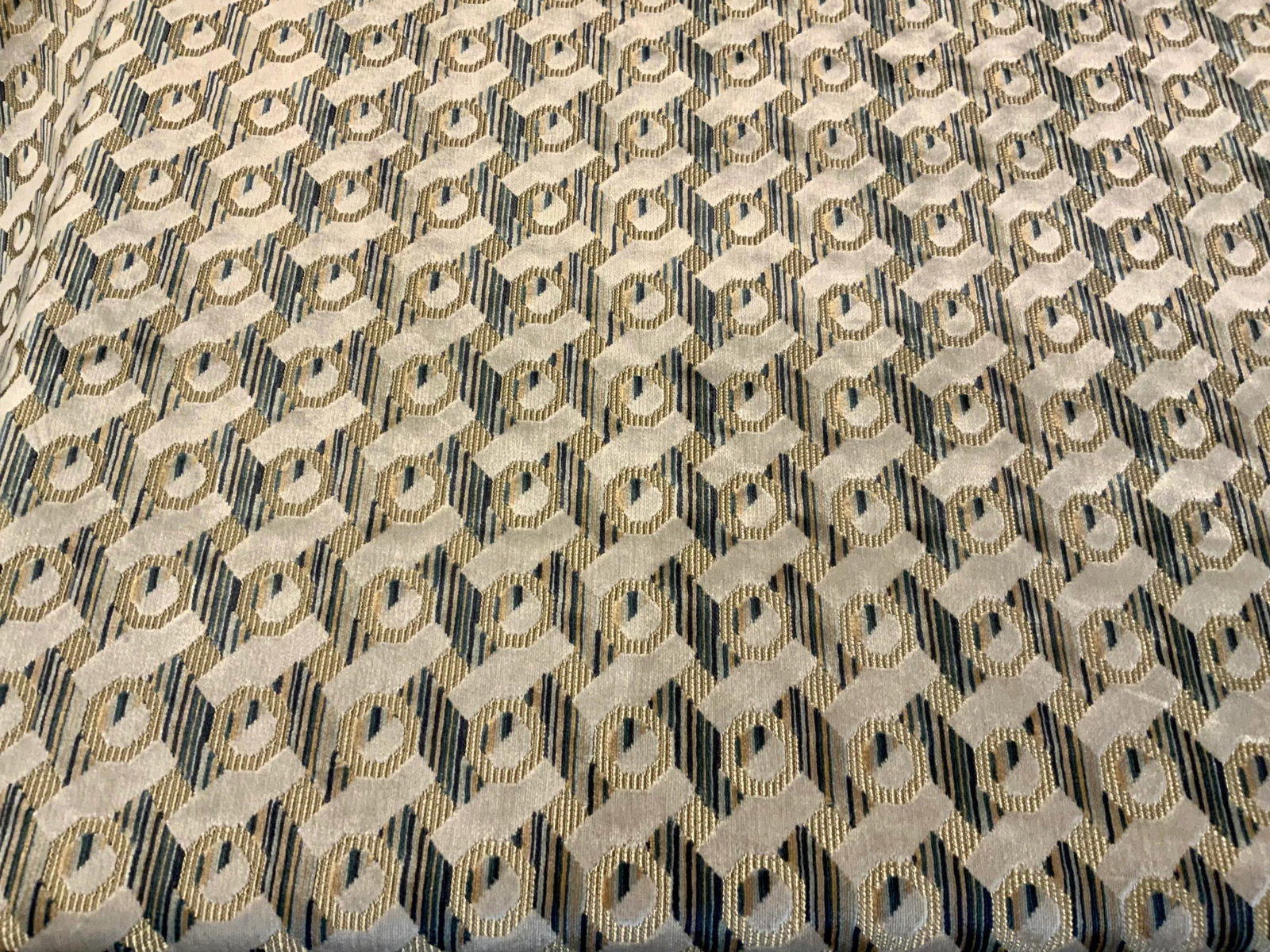 Caracole Geometric Cut Velvet Multipurpose Designer Fabric - 5 Yards: This stylish blue and beige geometric cut velvet has gray tweed base cloth. It is suitable upholstery or drapes. The hand is soft and luxurious. This fabric is a first quality good and retails with