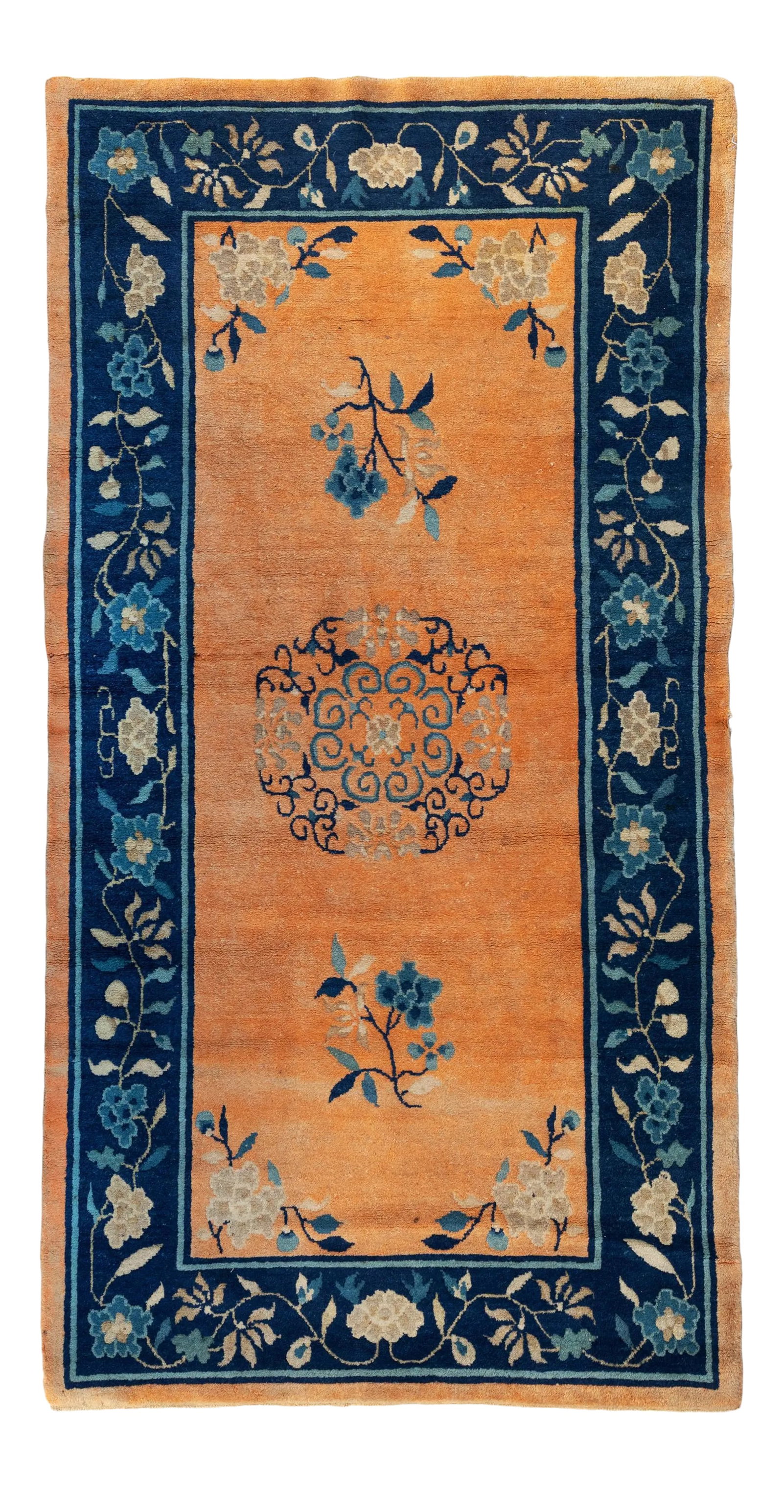 Early 1900s Navy Blue Border and Gold Chinese Area Rug: This lovely antique blue and gold handwoven Chinese rug with flowers measures 3 x 5.10 ft. and is from the 1900-1910s. Condition: Alterations: Original Condition Unaltered Imperfections: Some Imperfec
