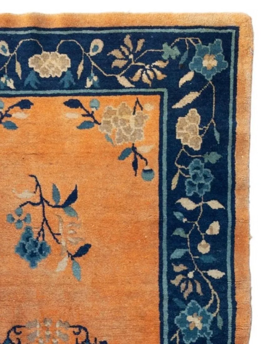 Early 1900s Navy Blue Border and Gold Chinese Area Rug - 2