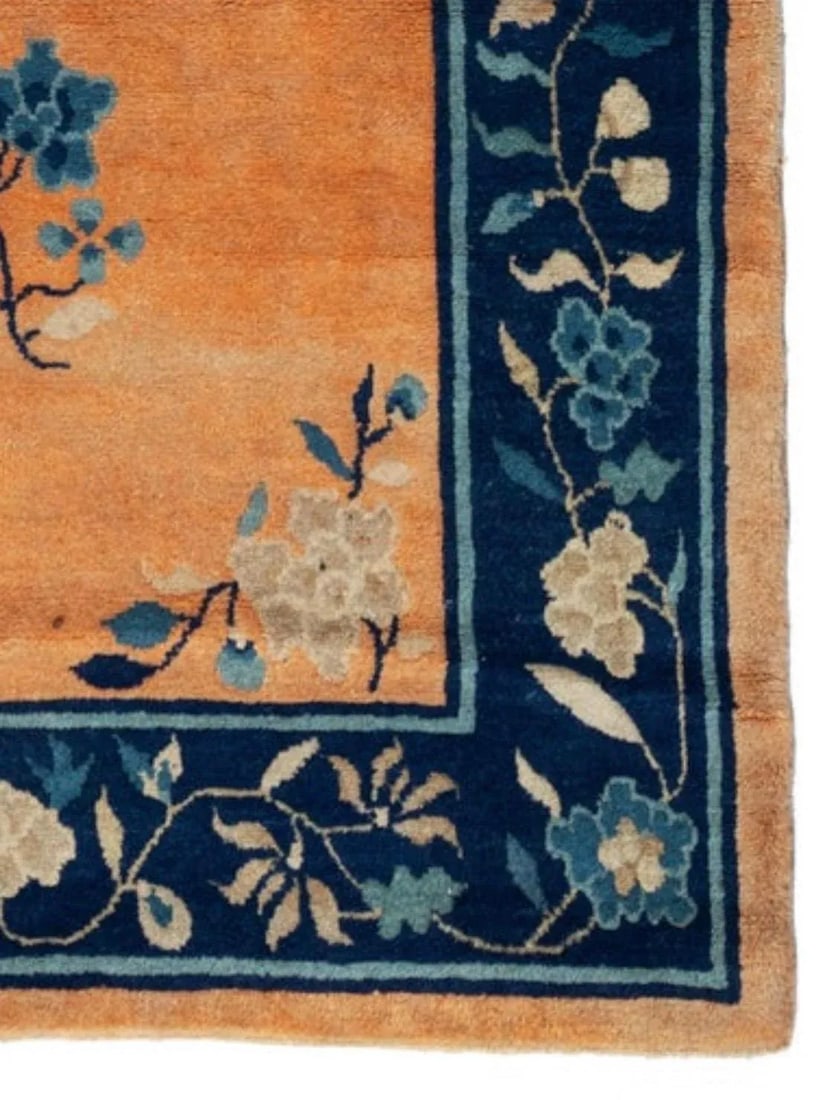 Early 1900s Navy Blue Border and Gold Chinese Area Rug - 3
