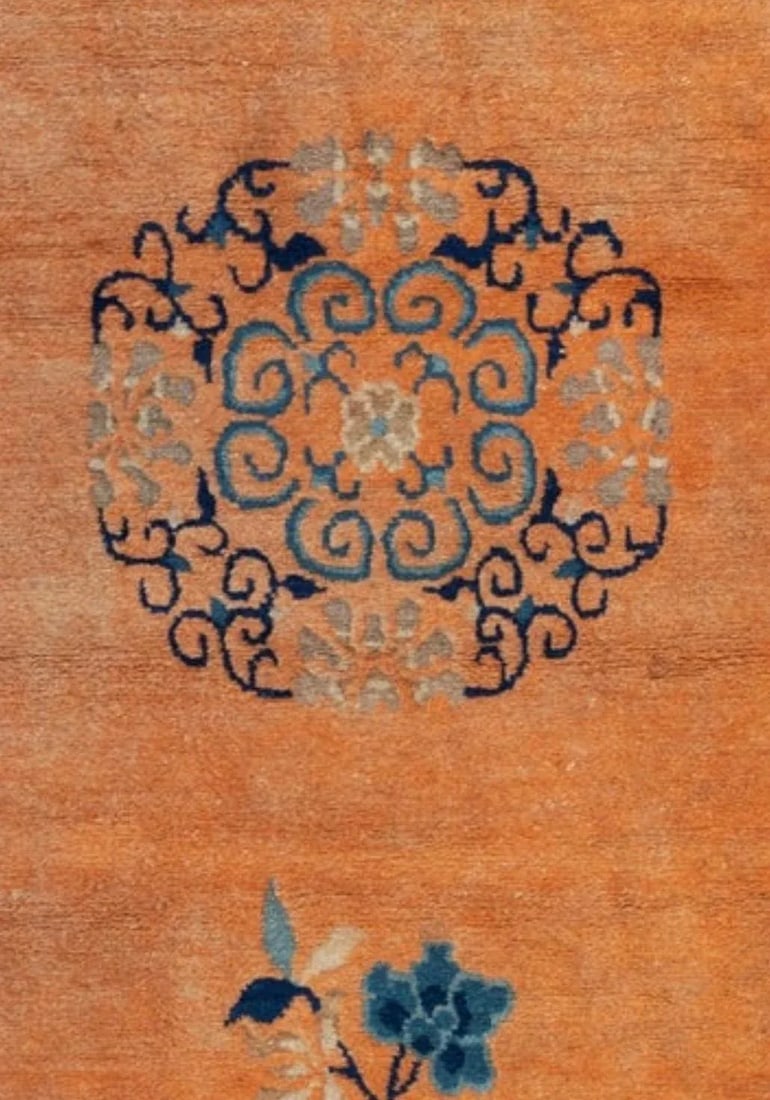 Early 1900s Navy Blue Border and Gold Chinese Area Rug - 4