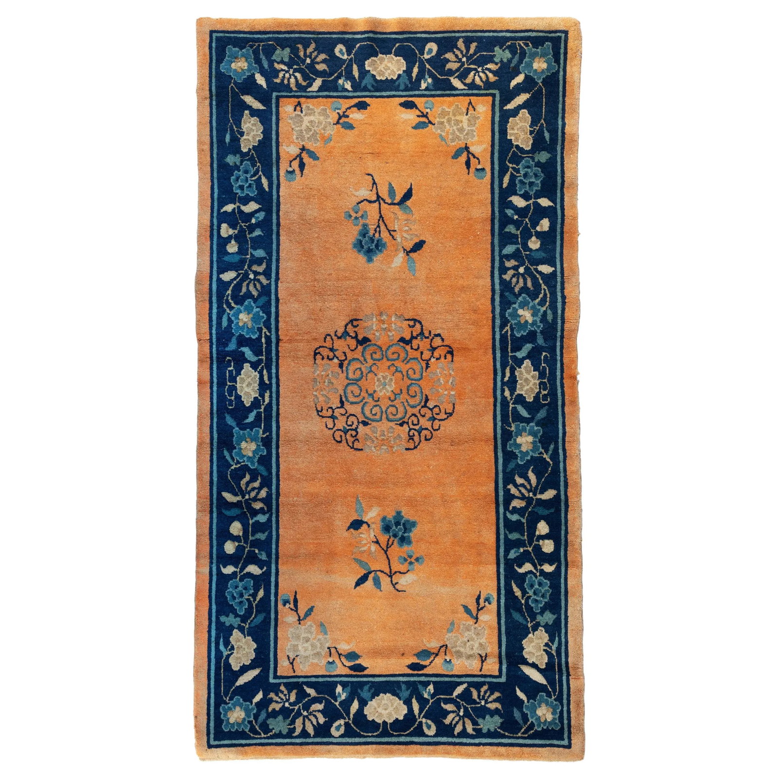 Early 1900s Navy Blue Border and Gold Chinese Area Rug - 5