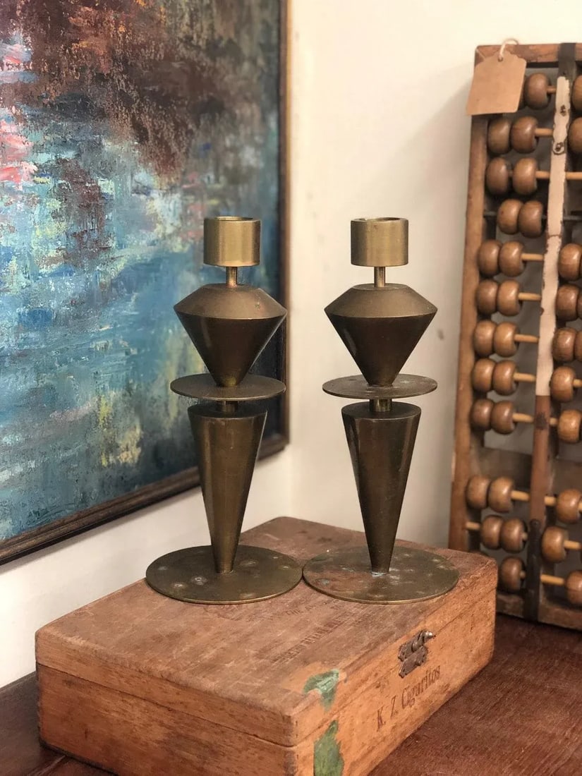 Mid Century Modern Brass Candleholders - a Pair - 2