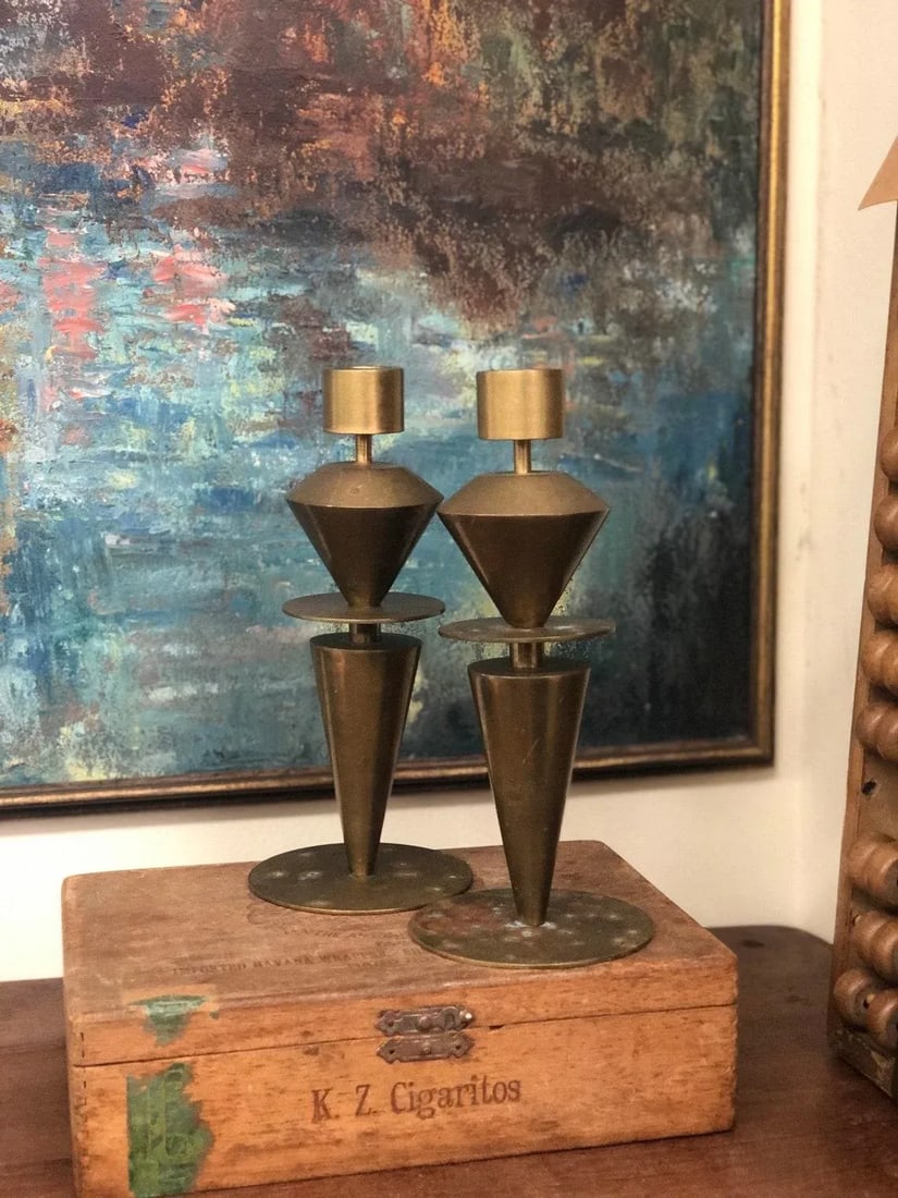 Mid Century Modern Brass Candleholders - a Pair - 3
