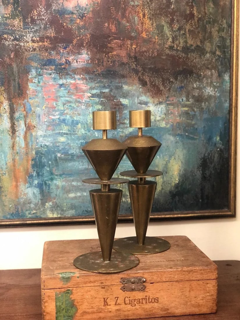 Mid Century Modern Brass Candleholders - a Pair - 5