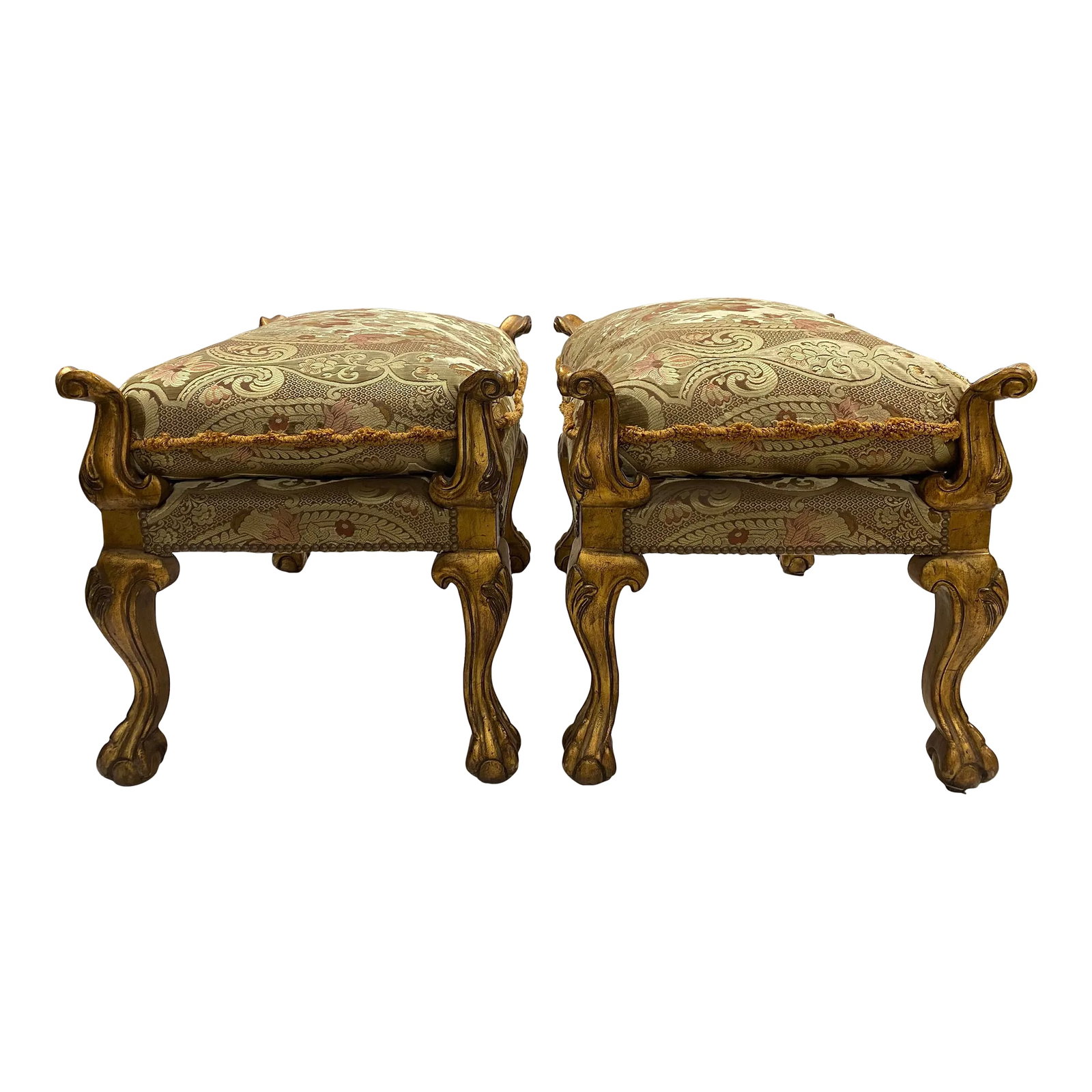 French Style Stools With Antique Gold Finish - a Pair: Pair of French Style Benches with French-Natural Nailheads, "antique-gold style" finish. By Danny Cannon Custom Upholstery, Inc. Condition: Alterations: Original Condition Unaltered Imperfections: