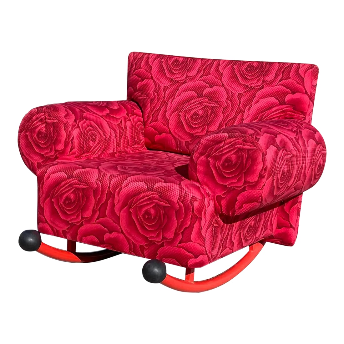 Milo Baughman for Thayer Coggin Prisma Armchair Rocker Lounge, Memphis Era: Rock with ease in this stylish Milo Baughman for Thayer Coggin Prisma Armchair Rocker Lounge 1984, Memphis Era. Covered in Dior style rose upholstery. Pieces from the 1984 Prisma collection are extrem