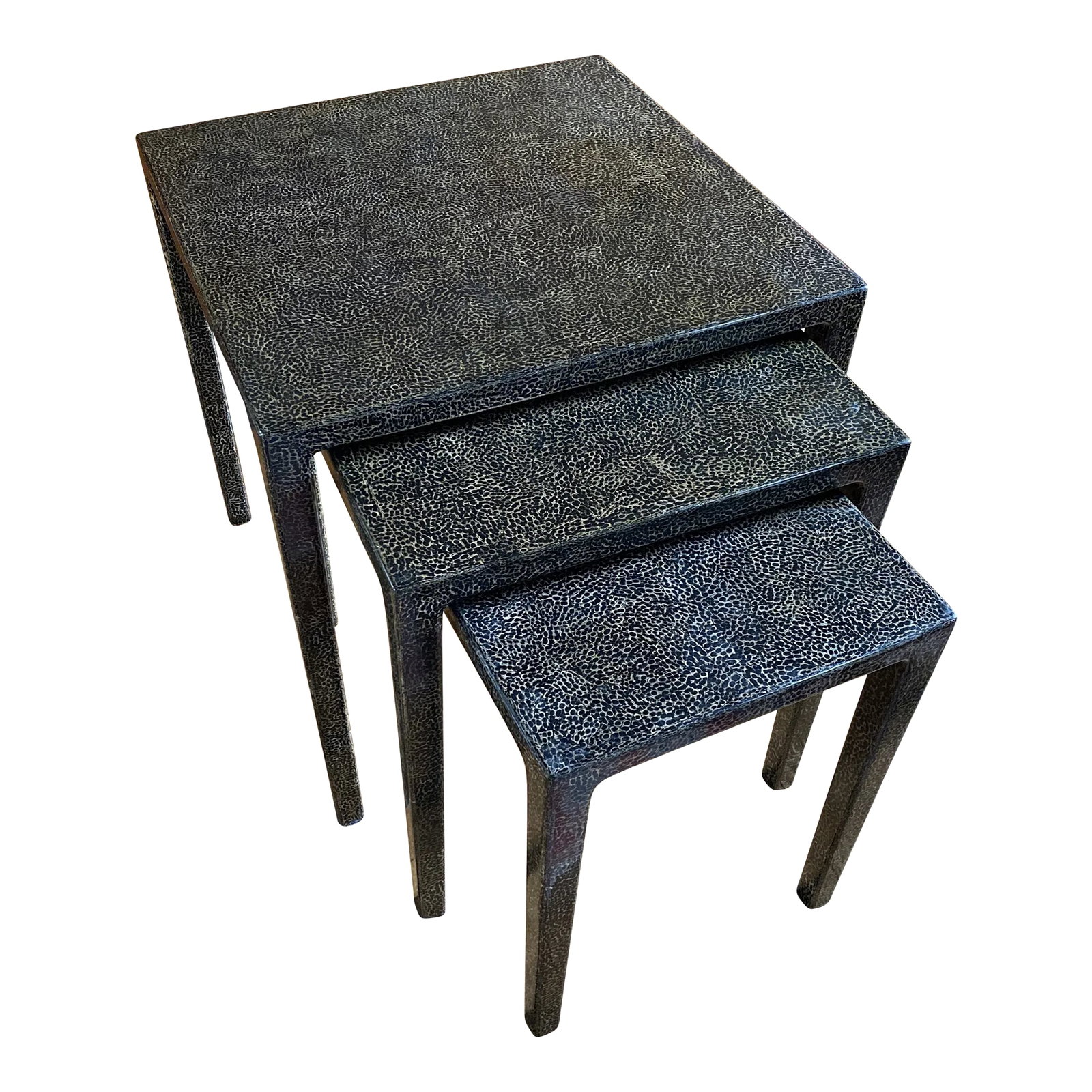 Gumps Black Gold Lacquer Nesting Tables - Set of 3: Listing is for a set of 3 black lacquer nesting tables. I purchased these new from the Gumps Post St store. They have a metallic gold spatter pattern. Tallest is 23 1/2" square with same height.