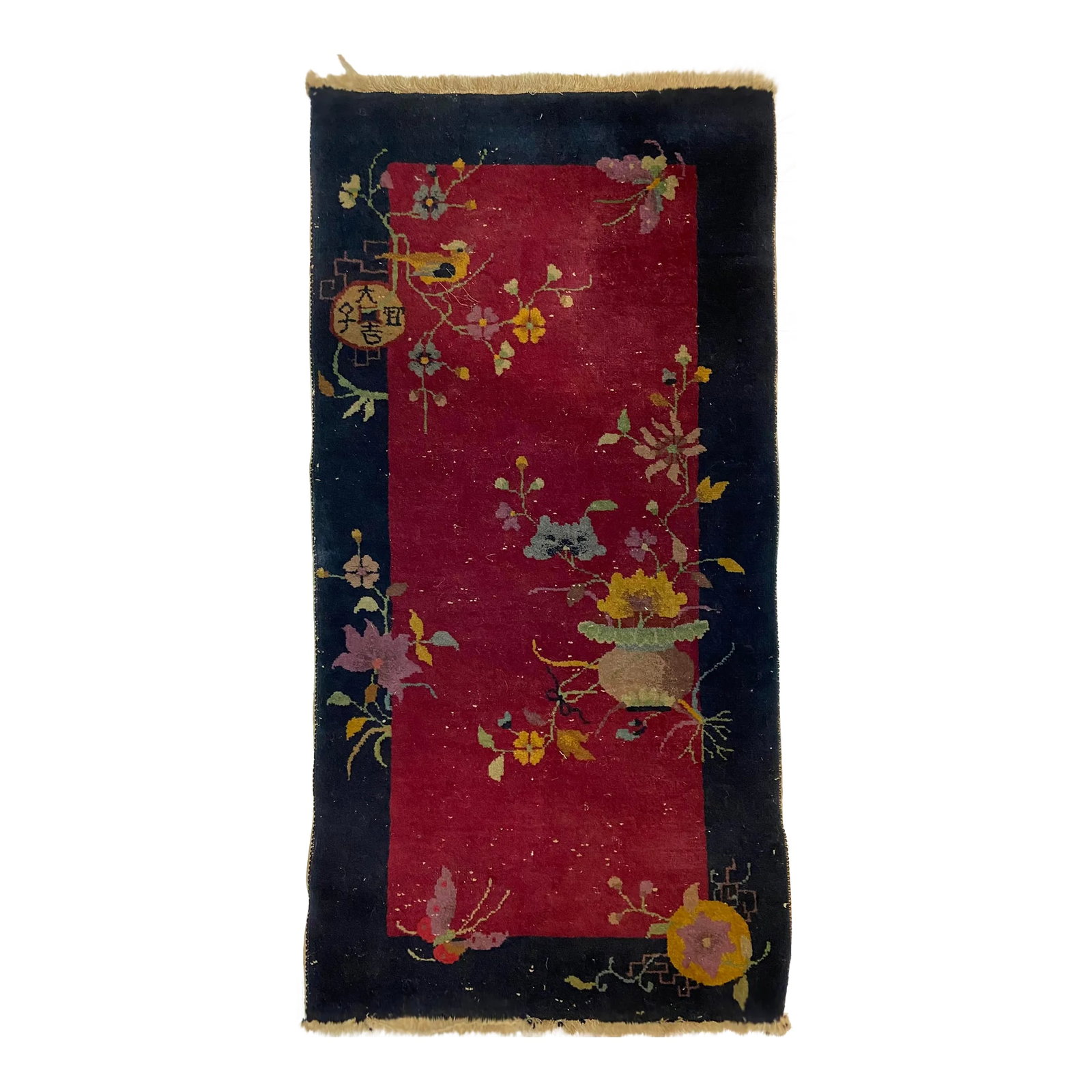 Antique Chinese Rug With Butterflies, Vases and Flowers: 1920s Art Deco Chinese Nichols Style Rug. Art Deco Chinoiserie designs of butterflies, vases and flowers in beautiful and rich colors. This lovely Chinese hand tufted rug has a stunning ground color f