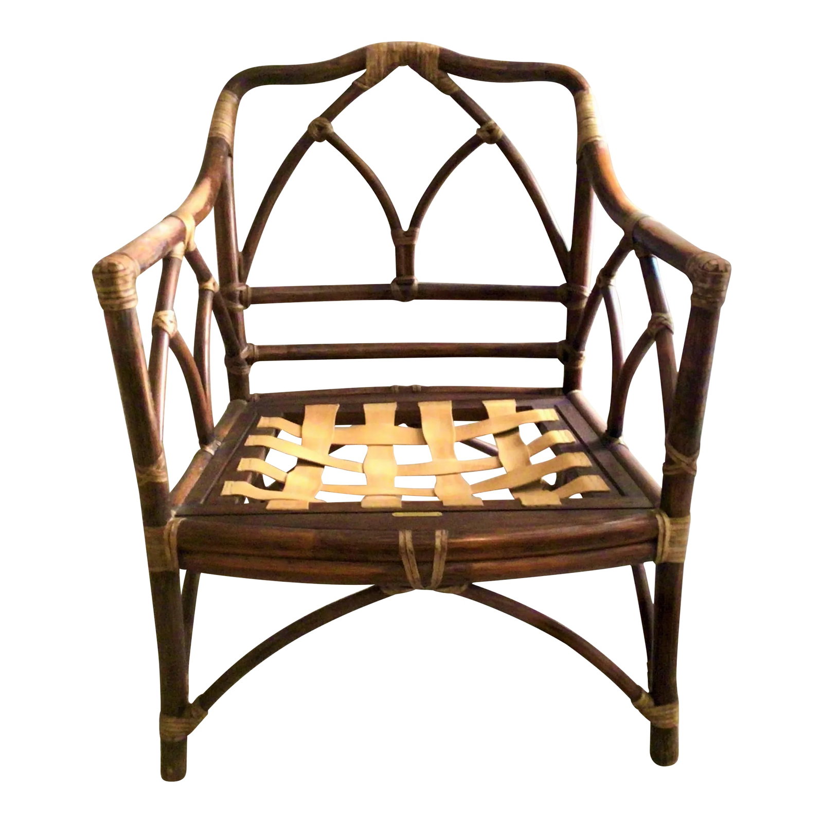1970s Vintage McGuire Restored Cathedral Lounger Chair: Rare McGuire Cathedral Lounge Chair (not the dining chair). This has been professionally restored, down to the McGuire standard of rawhide webbing. The original finish has not been altered. No wiggles