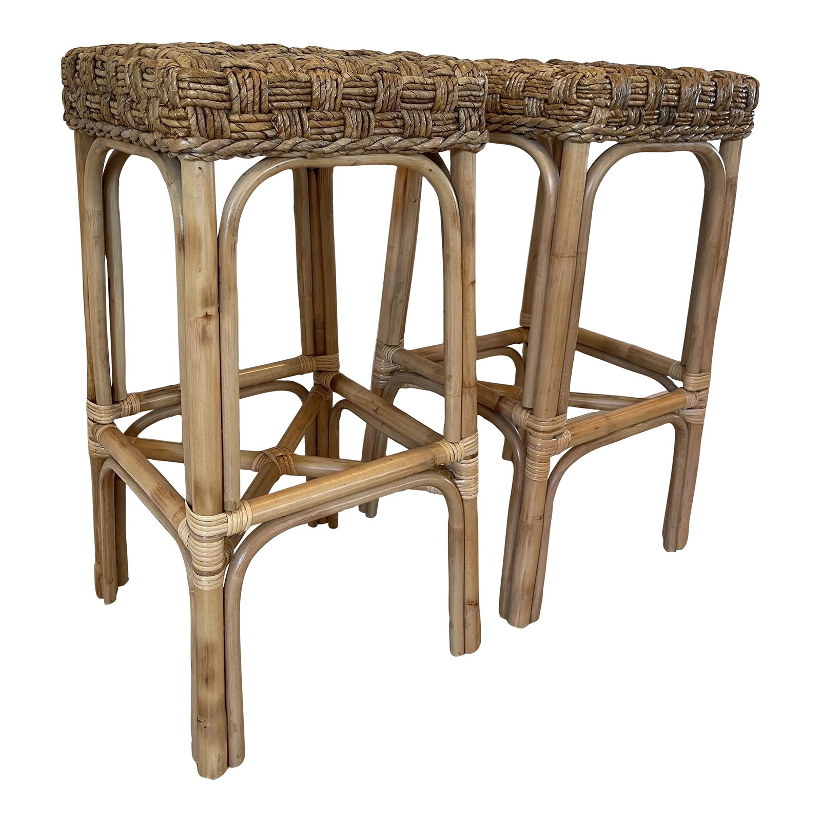 Made Goods Adina Bar Stools - a Pair: Sometimes it's hard to find something that you believe must exist already, but doesn't! This is how the Adina Collection was formed. Using classic materials from an earlier era (Chunky woven ropes of