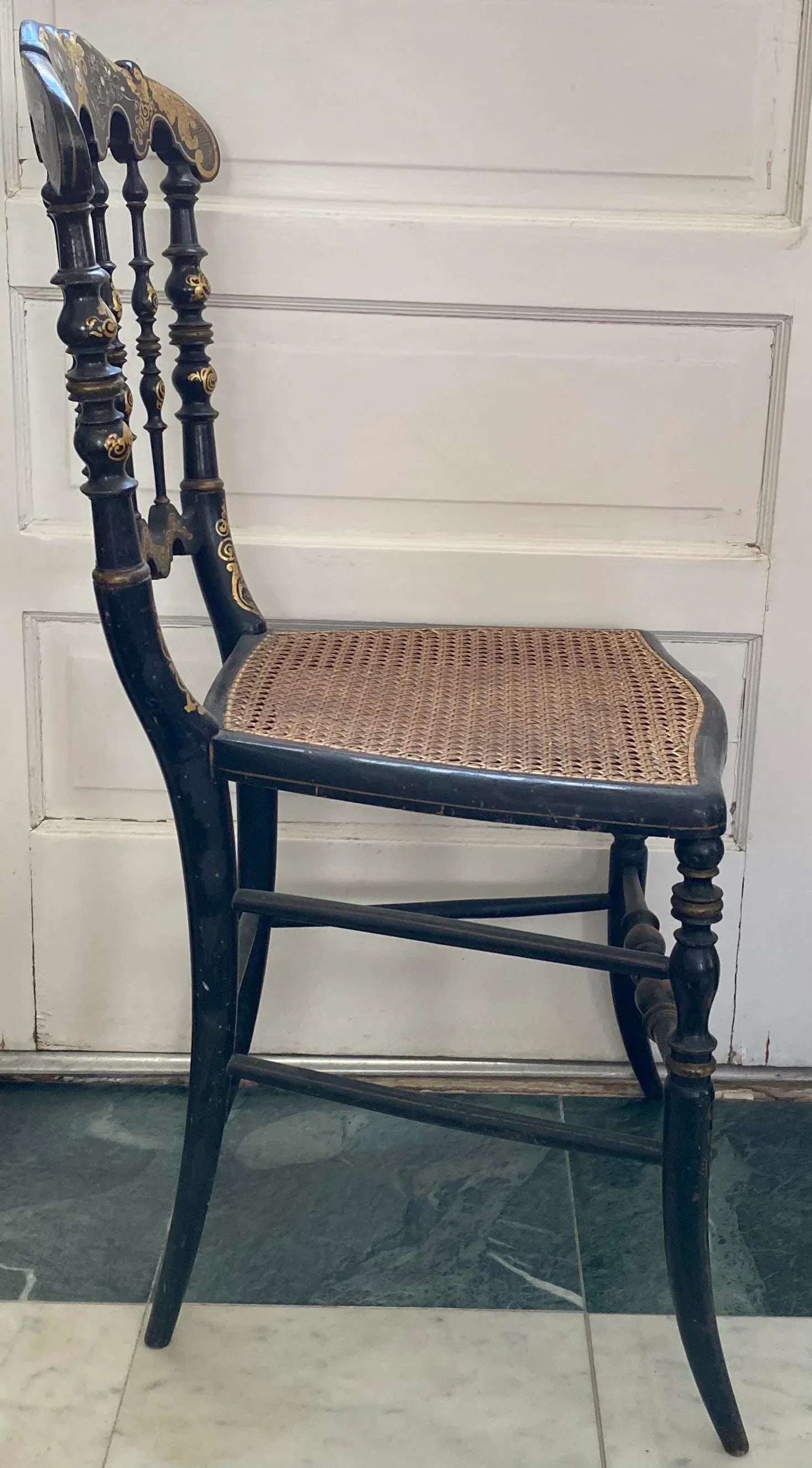 Victorian Hand Gilded Ebonized Painted Side Chairs with Original Cane Seats - 7