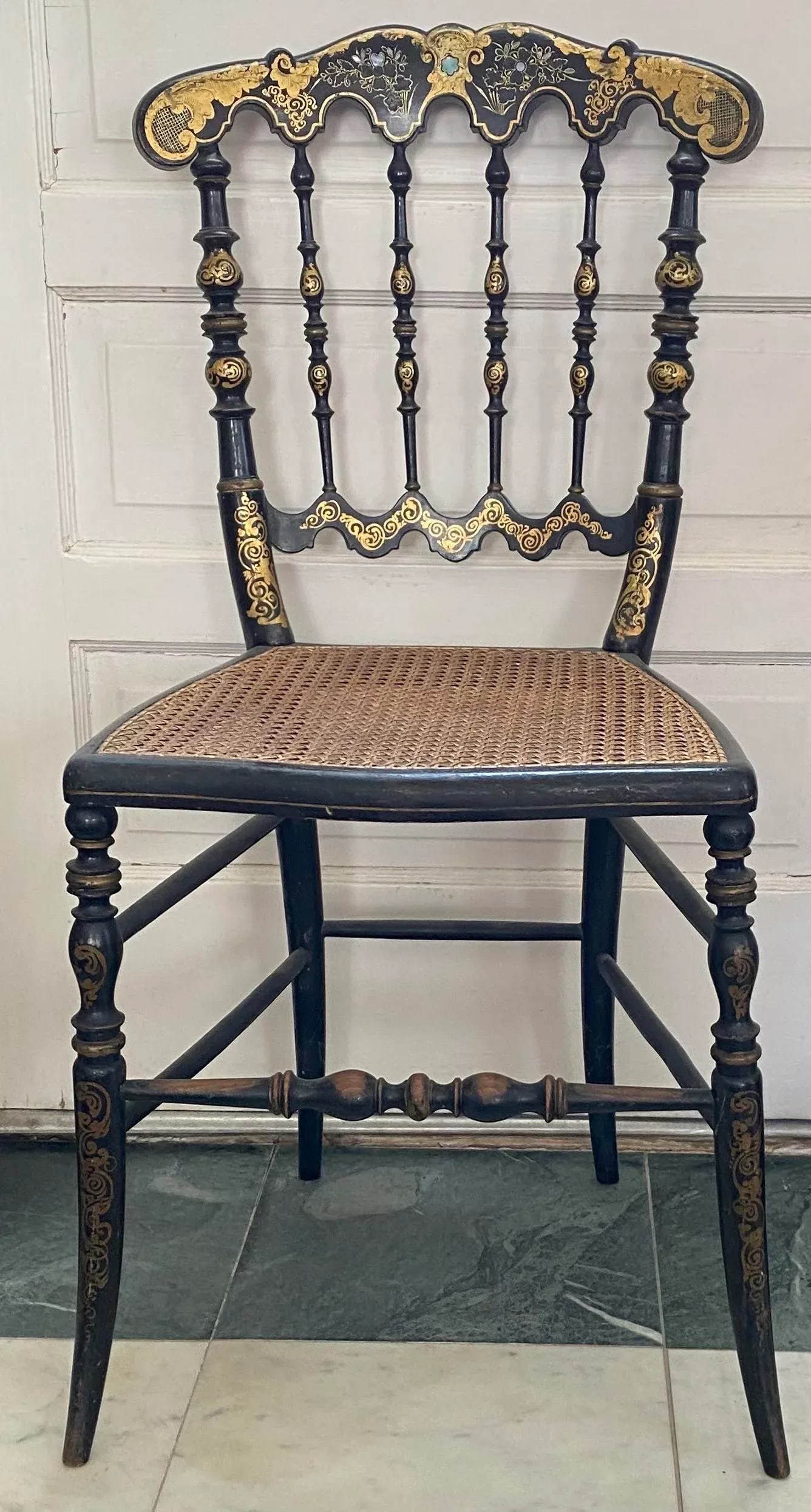 Victorian Hand Gilded Ebonized Painted Side Chairs with Original Cane Seats - 8