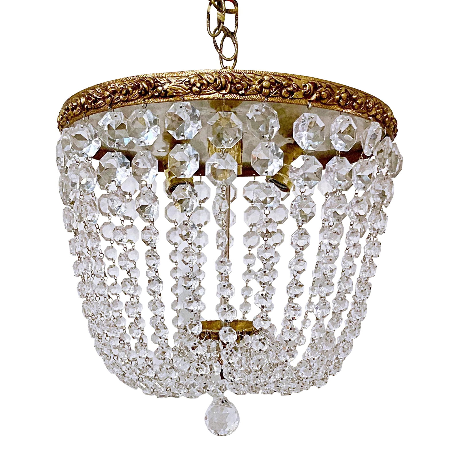 1950s Portuguese Bronze Basket Chandelier: Italian Basket chandelier with bronze rim and 30% led graduated octagon chain. It has 3 candelabra base sockets that each can hold up to 60 watts each or equivalent LED lightbulbs. Its been rewired