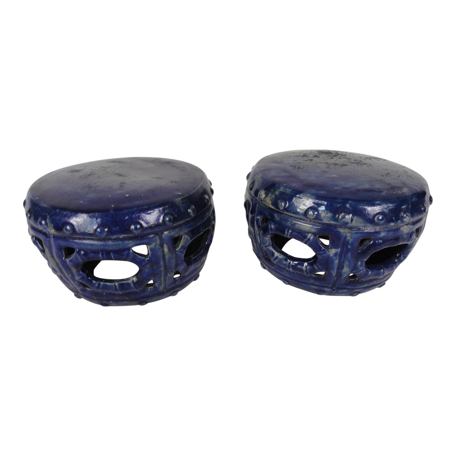 19th Century Vintage Blue Garden Stools - a Pair: Pair of 19th century blue decorative small garden seats, measuring 5". Glazed finish. Condition: Alterations: Original Condition Unaltered Imperfections: Some Imperfections Condition Notes: Wear consi