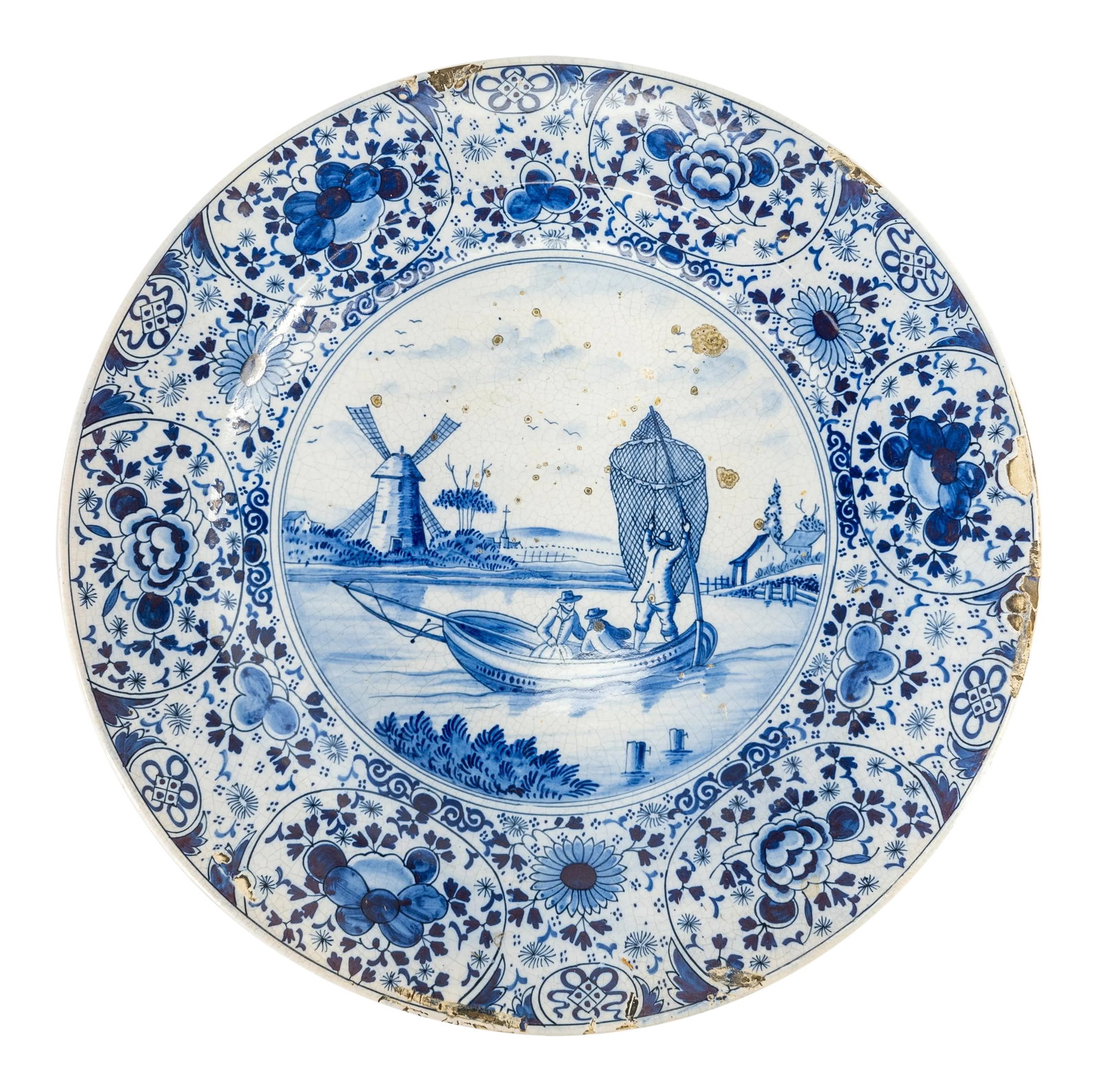 Dutch Delft Faience Blue and White Charger: We are selling this attractive Dutch delft charger. This blue and white Charger is probably 18th century but could be 17th. The charger has a painted central scene of a fishermen gathering their nets 