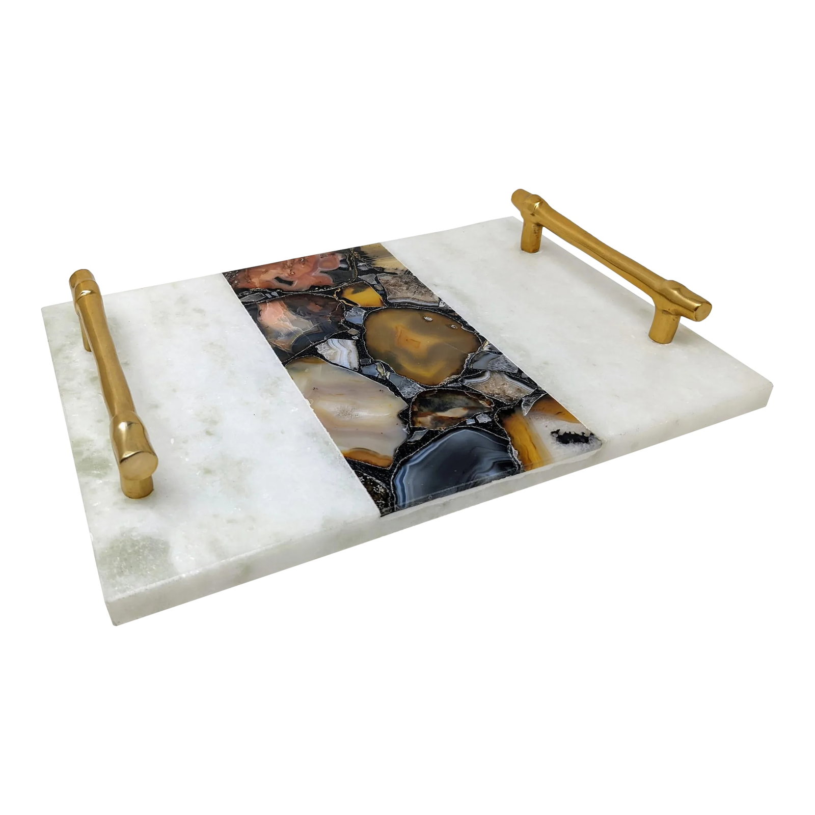 Regency Agate and Marble Bar and Vanity Tray: This beautiful agate tray with polished brass handles is a bit of organic modern mixed with classic minimalist modern. A wonderful Hollywood regency glam piece for serving cocktails or for placing