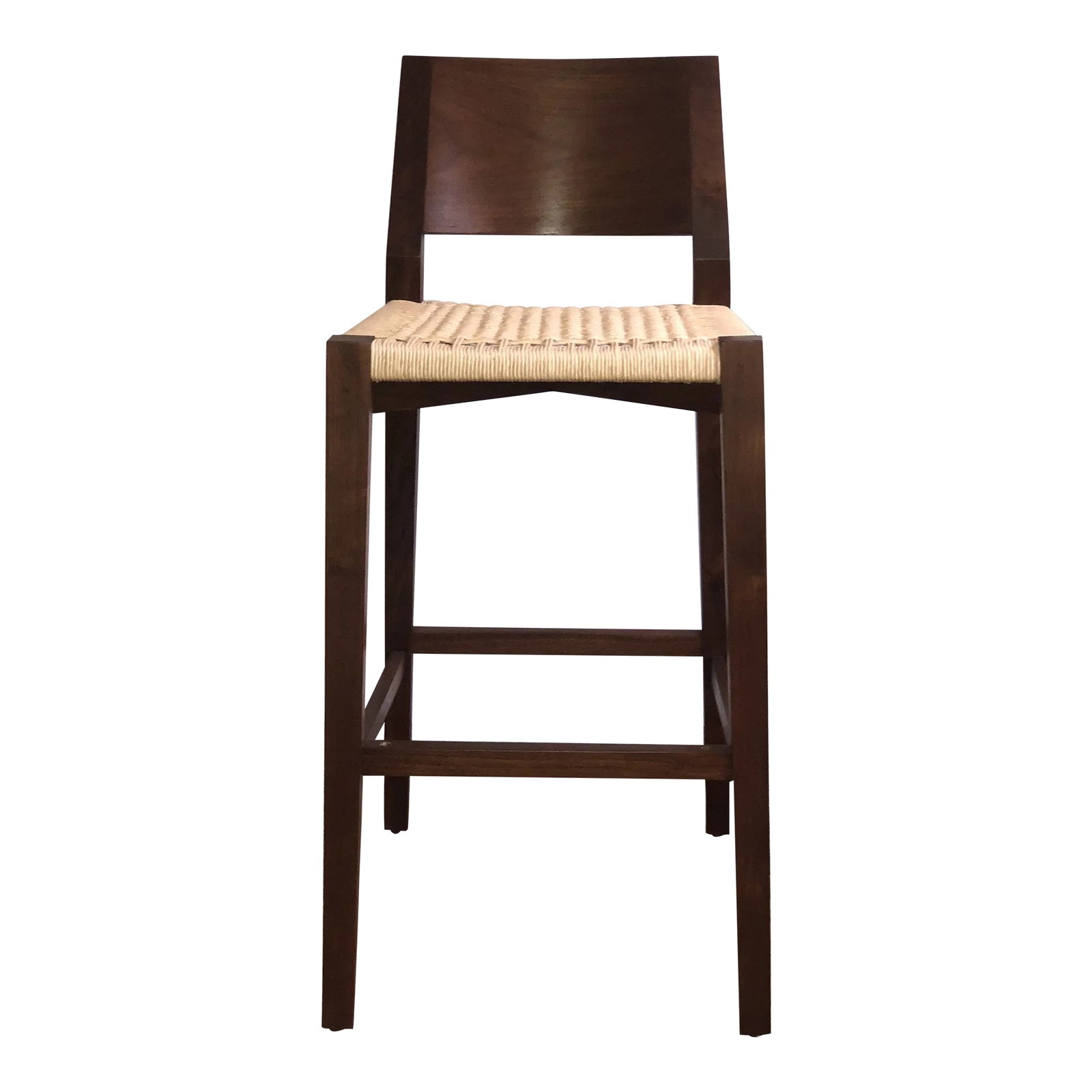 McGuire Furniture Seido Bar Stool: Beautiful satin walnut finish on the body, back, and legs. Woven Danish cord seat provides durability and comfort. Meticulous attention to detail is the hallmark of McGuire / Baker Furniture. Conditio
