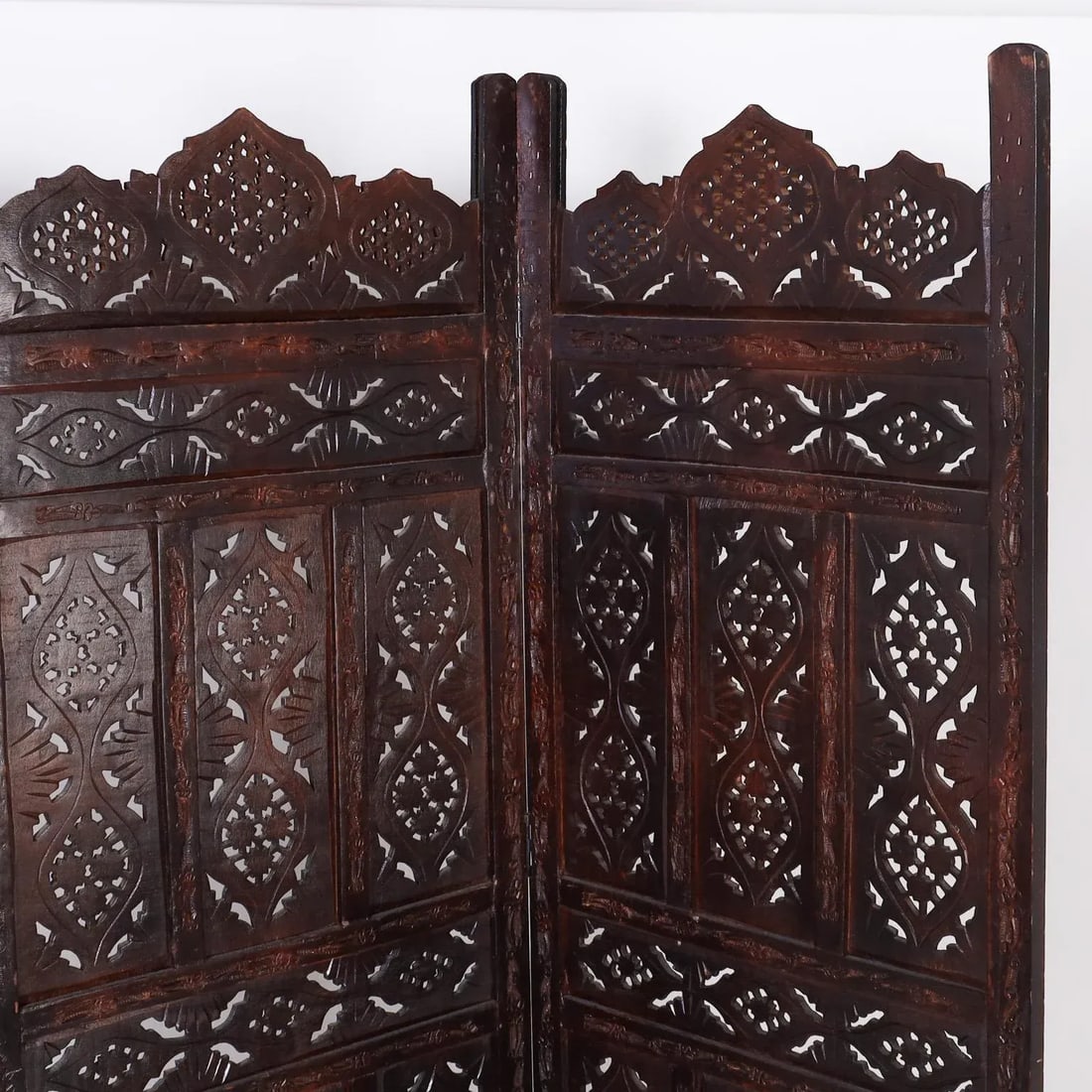 1960s Anglo Indian Carved Wood Three Panel Folding Screen - 4