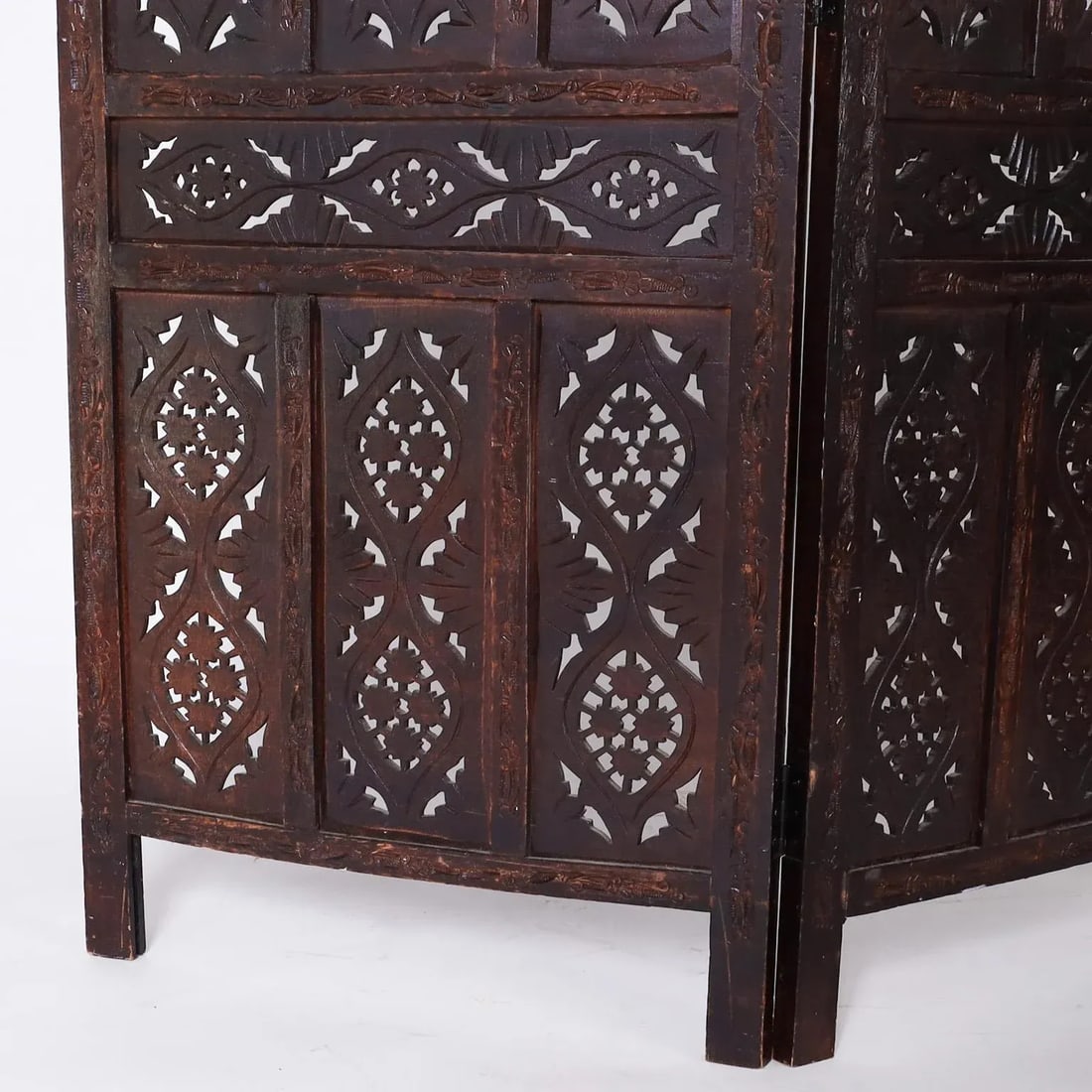 1960s Anglo Indian Carved Wood Three Panel Folding Screen - 7