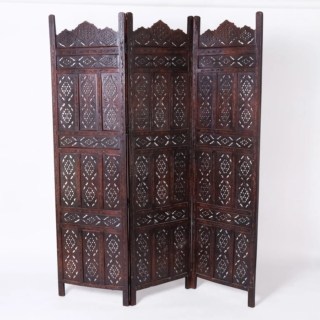 1960s Anglo Indian Carved Wood Three Panel Folding Screen - 9