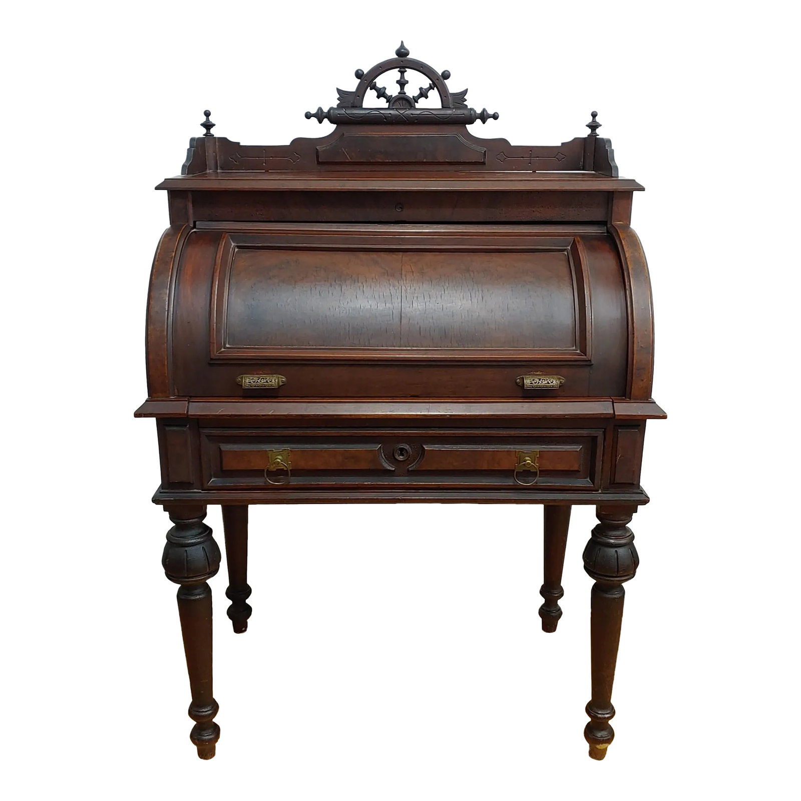 Antique 19th Century Mahogany Renaissance Revival Banker's Cylinder Secretary Desk: Here's a rare find. This Post Civil War banker's desk is a perfect example of the Renaissance Revival Period in American furniture. The piece is solid mahogany with flame veneer accents. The cylinder 