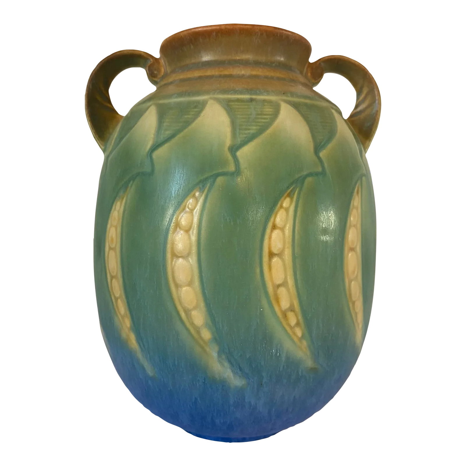 Roseville Pottery Falline 647-7 Blue Vase: Beautiful art pottery amphora vase collector's piece in desirable blue Introduced in 1933, Falline is considered a middle period Art Deco line and is one of Roseville's smaller collections with 16 dif